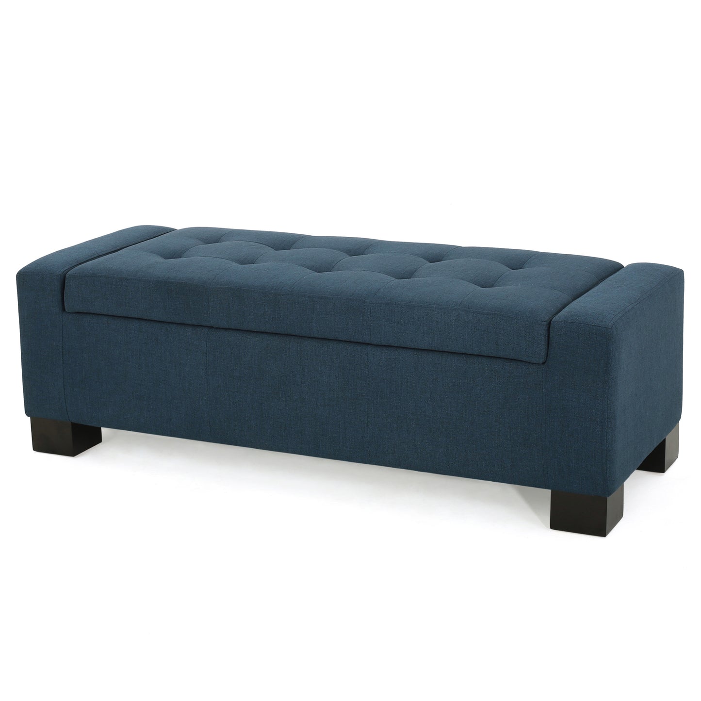 Empower Button-Tufted Waffle Upholstered Storage Ottoman with Wood Legs, Navy Blue