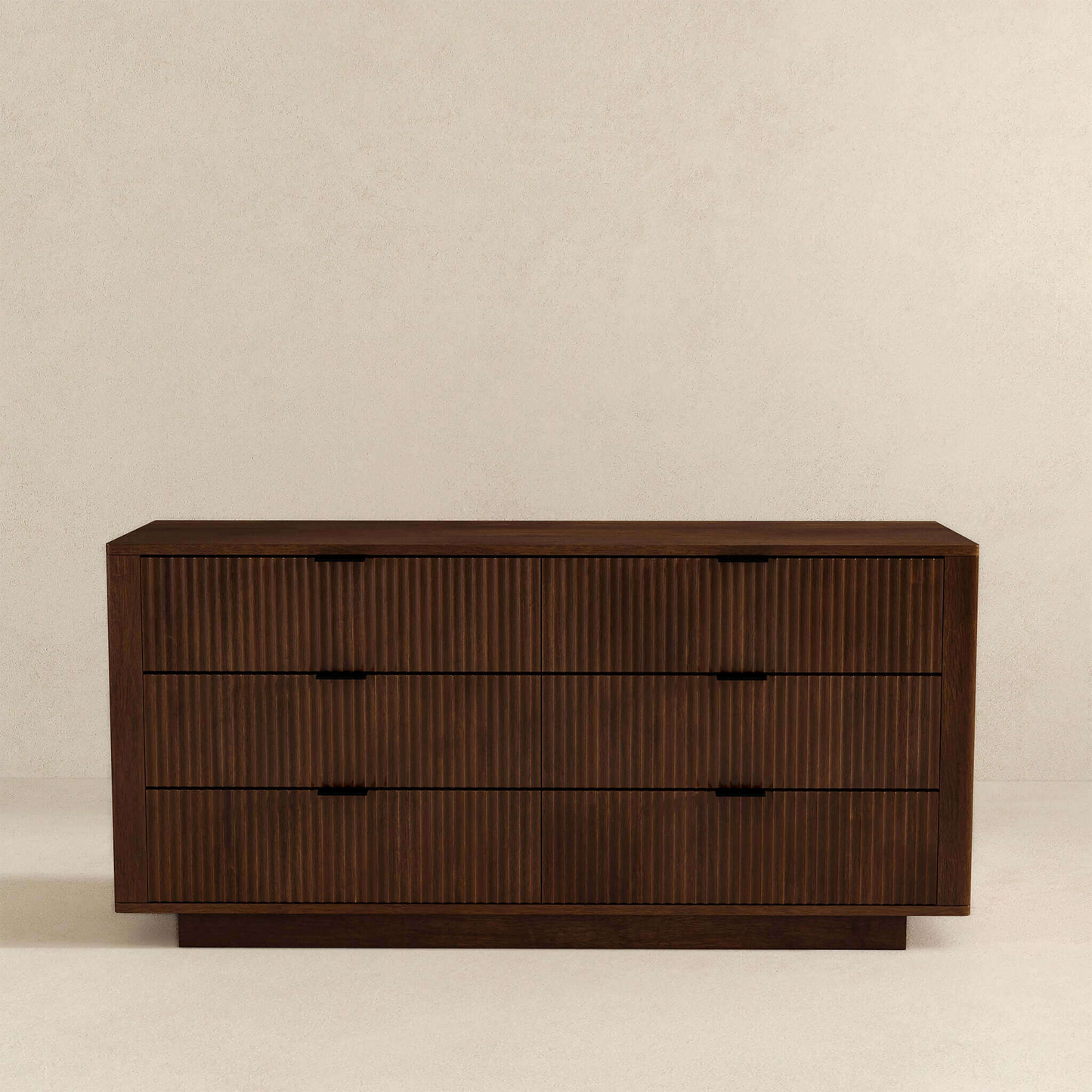 Modern dark wood dresser with three drawers and grooved detailing, FredCo International furniture