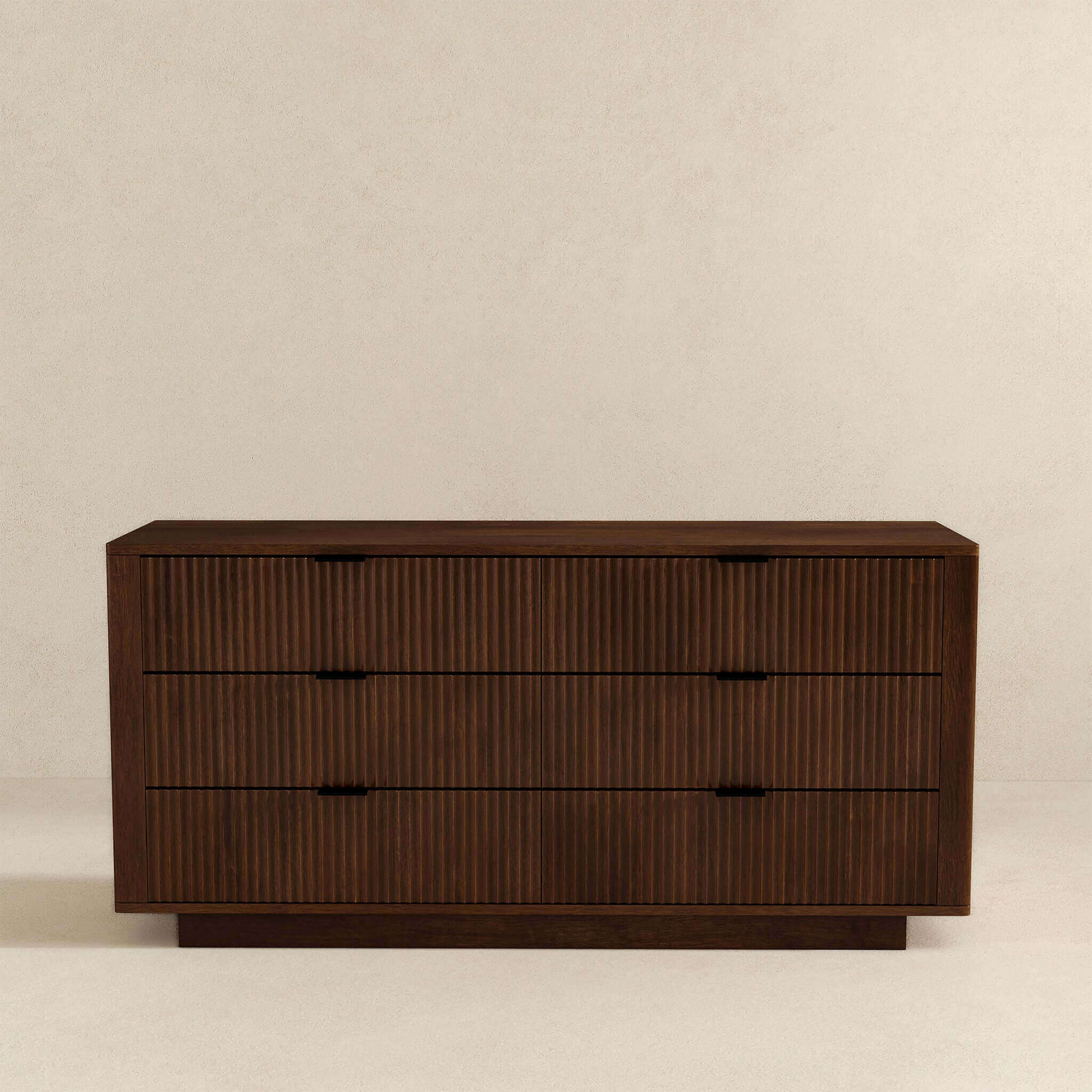 Modern dark wood dresser with three drawers and grooved detailing, FredCo International furniture