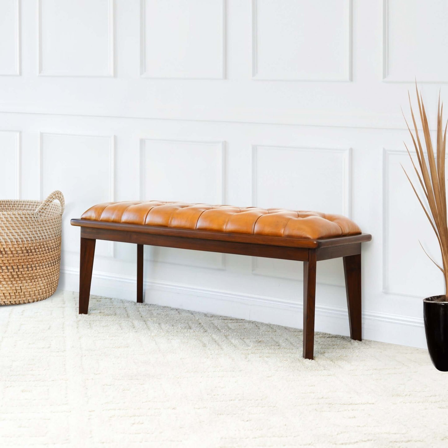 Arden Tan Leather Bench With Buttons FredCo