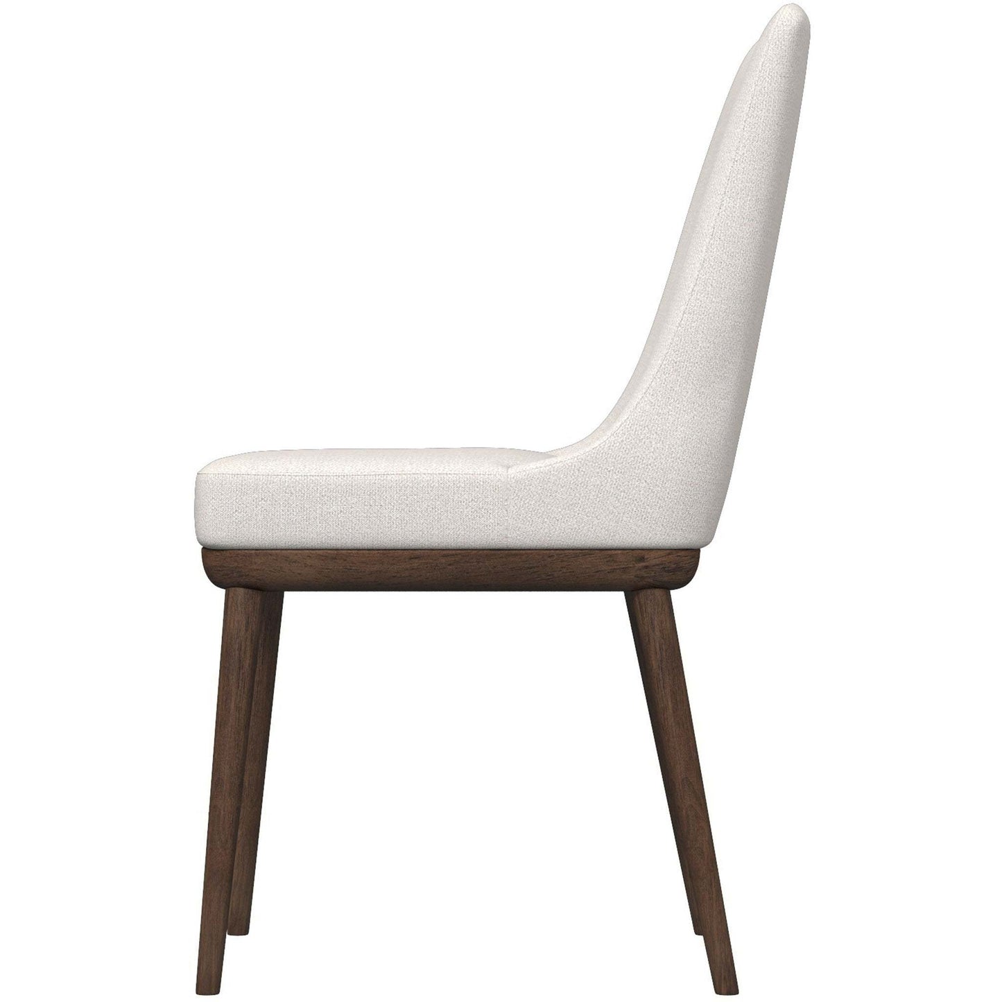 Modern beige upholstered dining chair with wooden legs, side view, FredCo International furniture