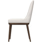 Modern beige upholstered dining chair with wooden legs, side view, FredCo International furniture