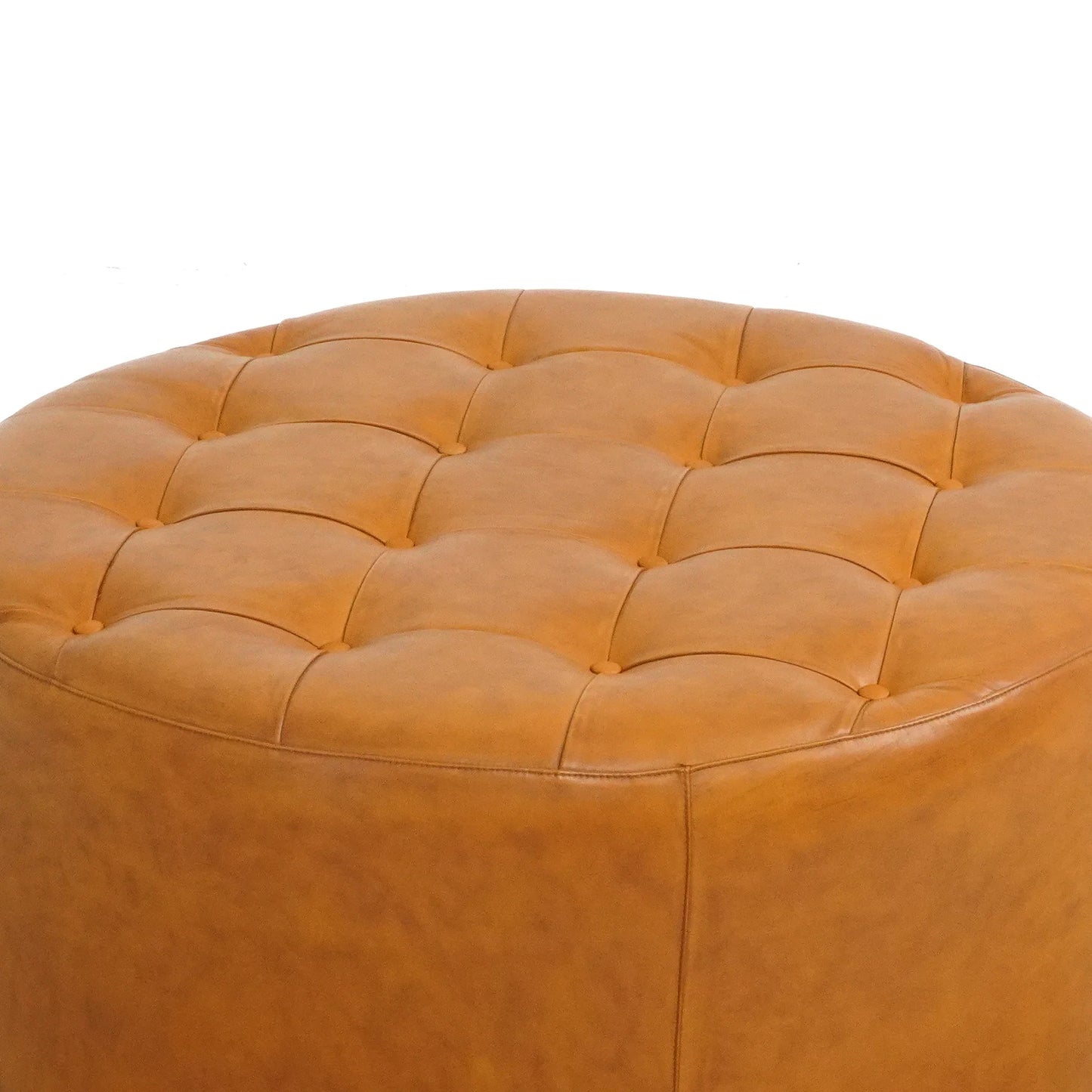 Round tufted tan leather ottoman, modern accent furniture from FredCo International