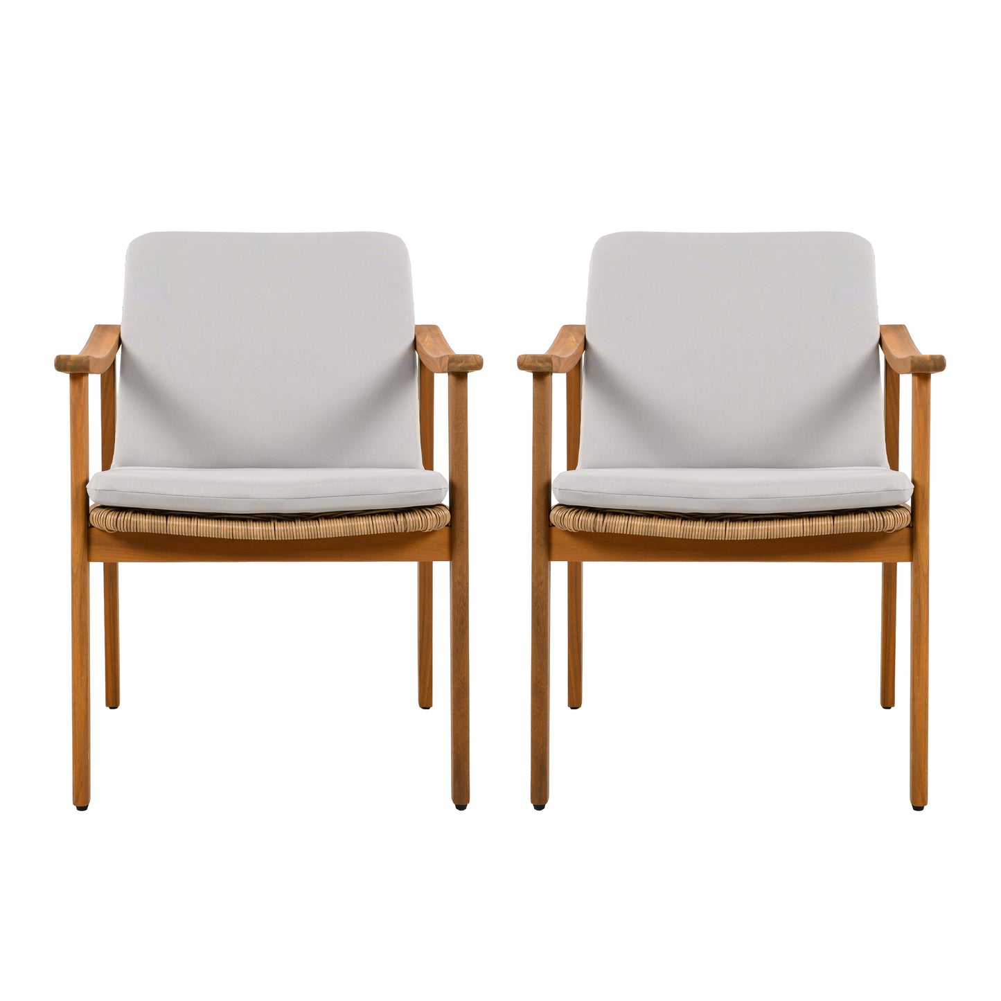 Outdoor Dining Chairs Set of 2, Teak Color Acacia Wood Frame, Brown PE Wicker, Grey Waterproof Cushion, Ideal for Patios, Gardens