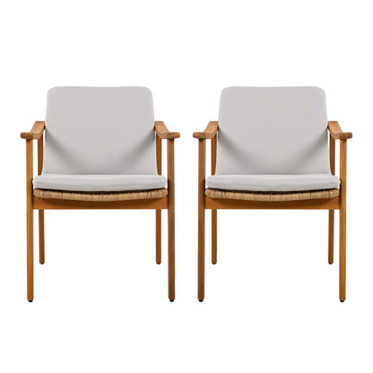 Outdoor Dining Chairs Set of 2, Teak Color Acacia Wood Frame, Brown PE Wicker, Grey Waterproof Cushion, Ideal for Patios, Gardens