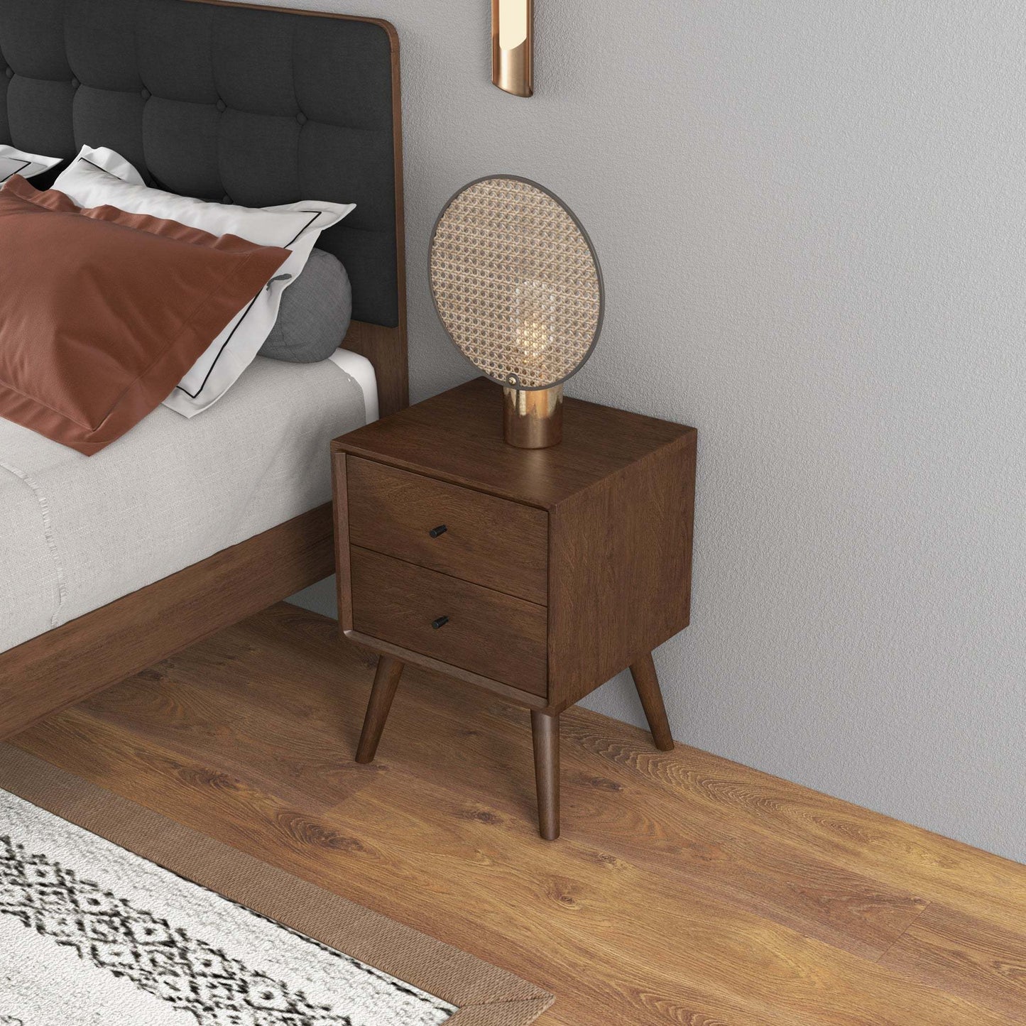 Mid-Century Modern Caroline Night Stand 2-Drawer Dark Brown Solid Wood 23.6'H x 17.7'W x 15.7'D for Bedroom, Closet, Dorm FredCo