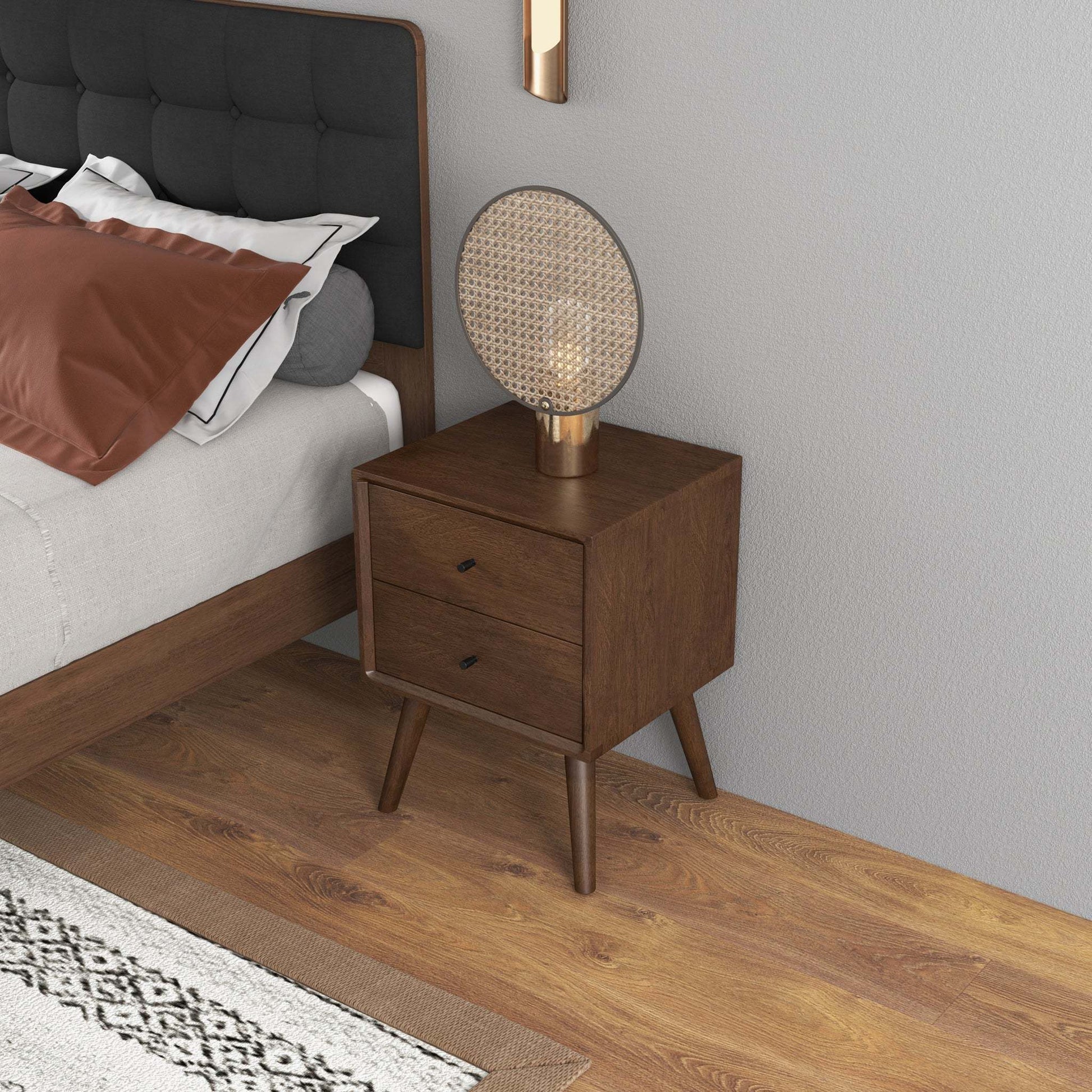 Mid-Century Modern Caroline Night Stand 2-Drawer Dark Brown Solid Wood 23.6'H x 17.7'W x 15.7'D for Bedroom, Closet, Dorm FredCo