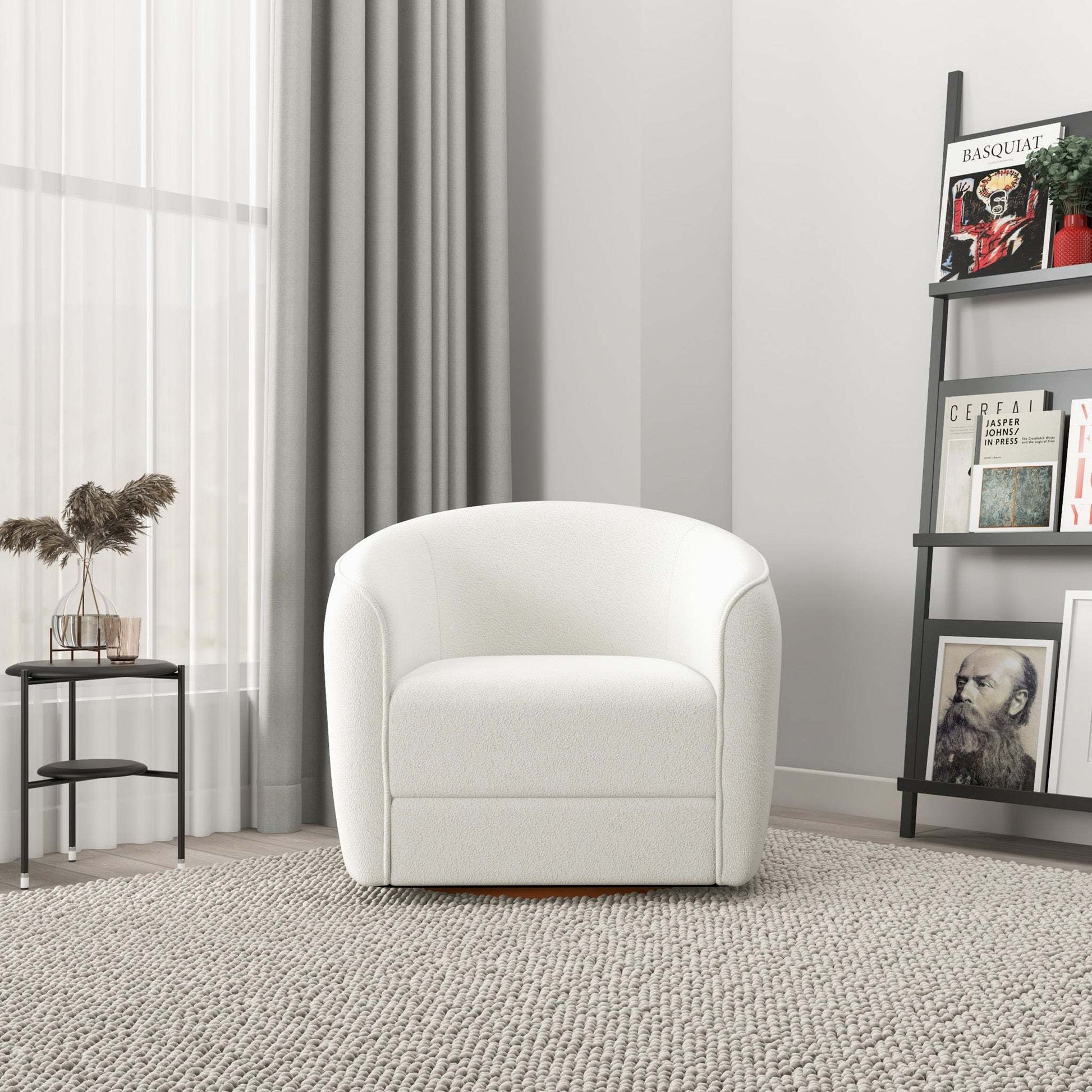 High Quality Elise Mid Century Modern Beige Boucle Swivel Chair with Elegant Design and Multi-functional Use 34.2W'x 30D'x 30H' Swivel Round Chairs for Living Room Bedroom Reading, White FredCo