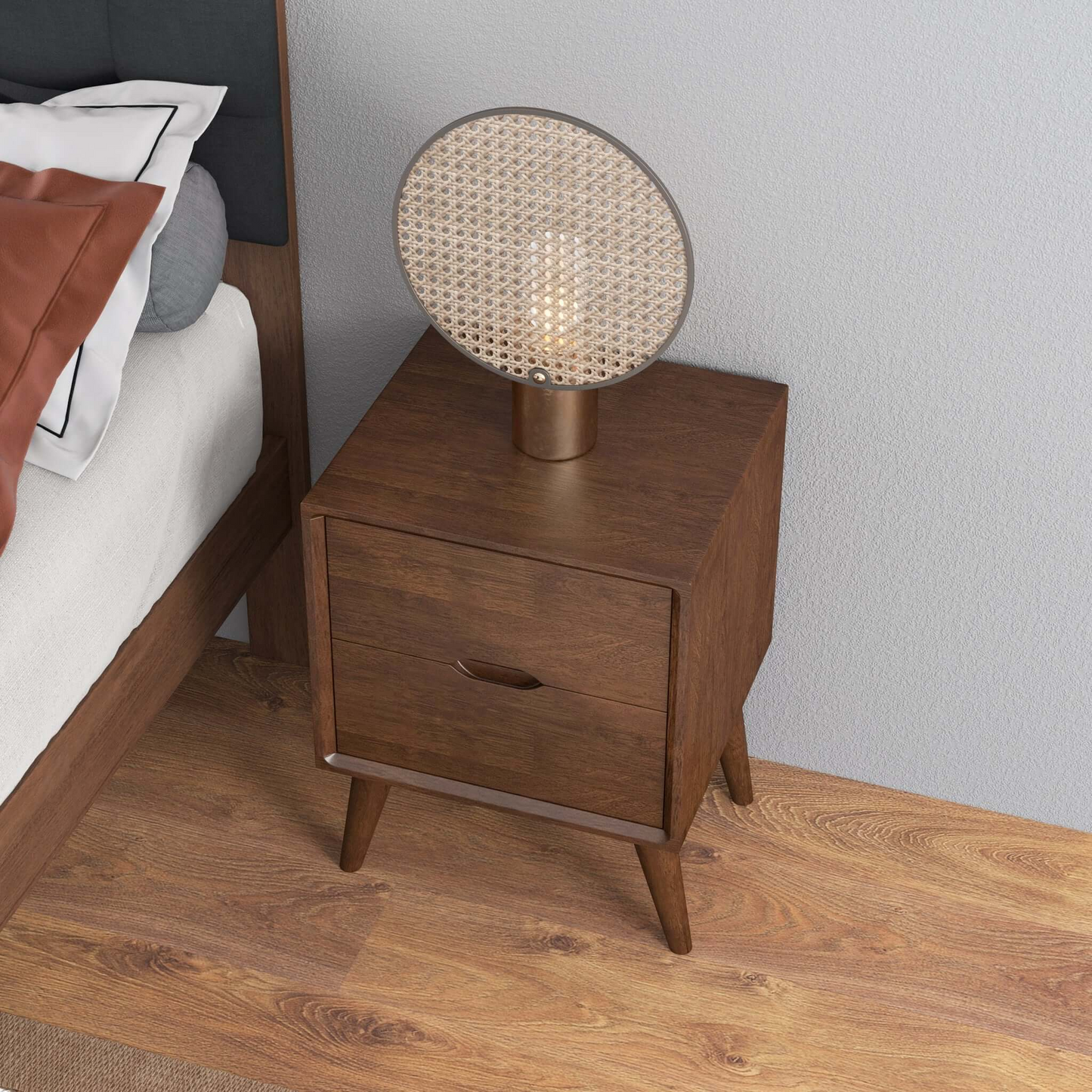Alexandra Mid-Century Modern Night Stand with 2 Drawers in Walnut Brown Solid Wood 24.8'H x 17.7'W x 15.7'D FredCo