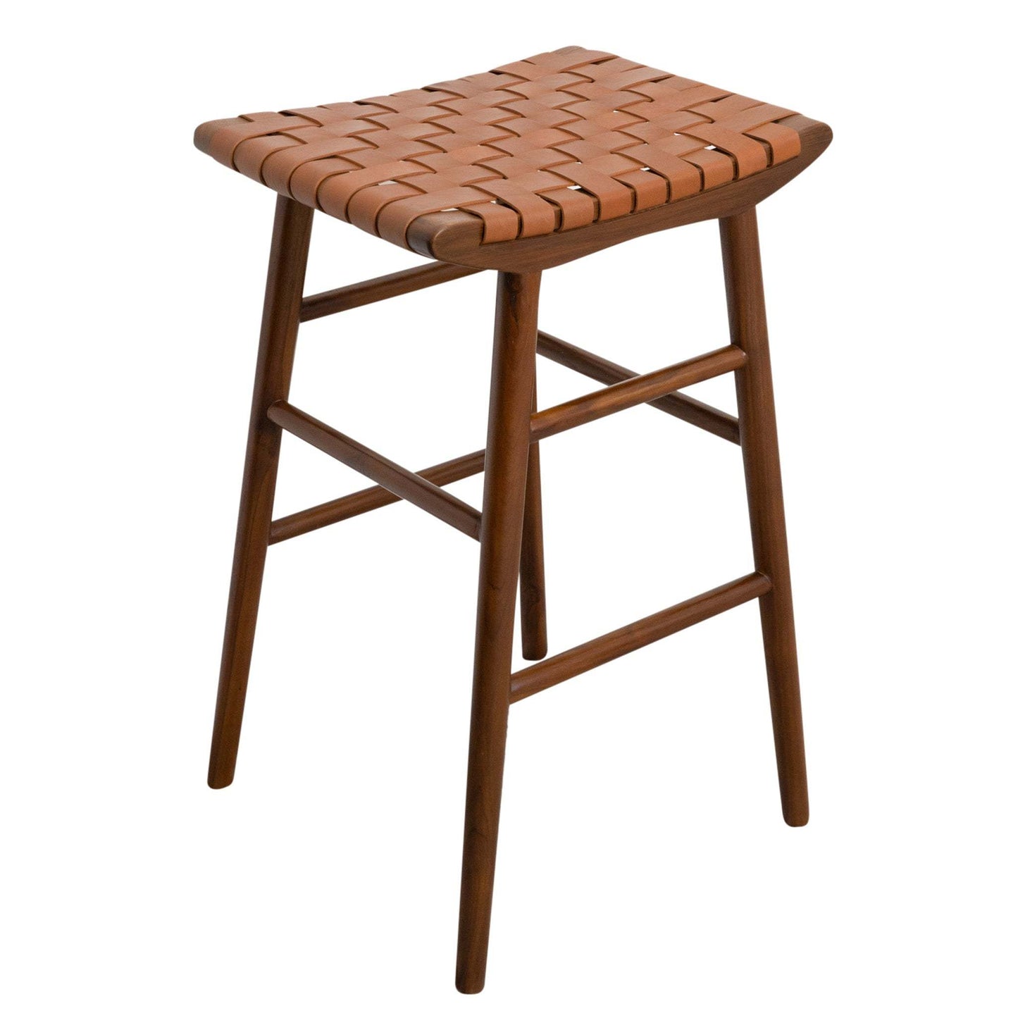 Mid-century modern wooden stool with woven leather seat, FredCo International furniture