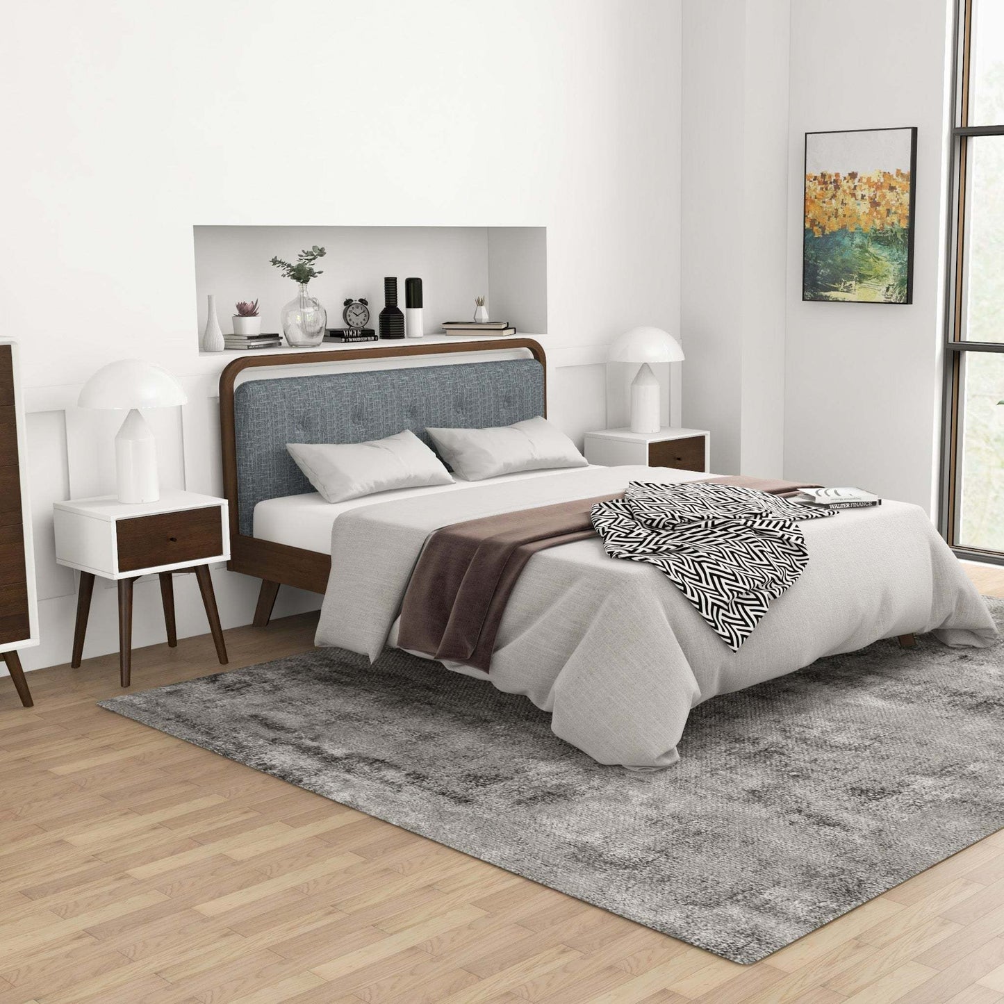 Modern bedroom with mid-century bed, nightstands, and gray rug from FredCo International