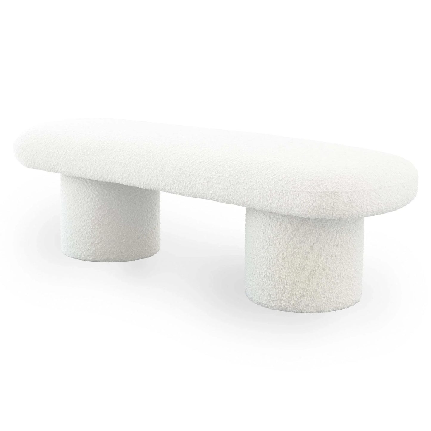 Modern white upholstered bench with rounded edges and two cylindrical legs, FredCo International furniture
