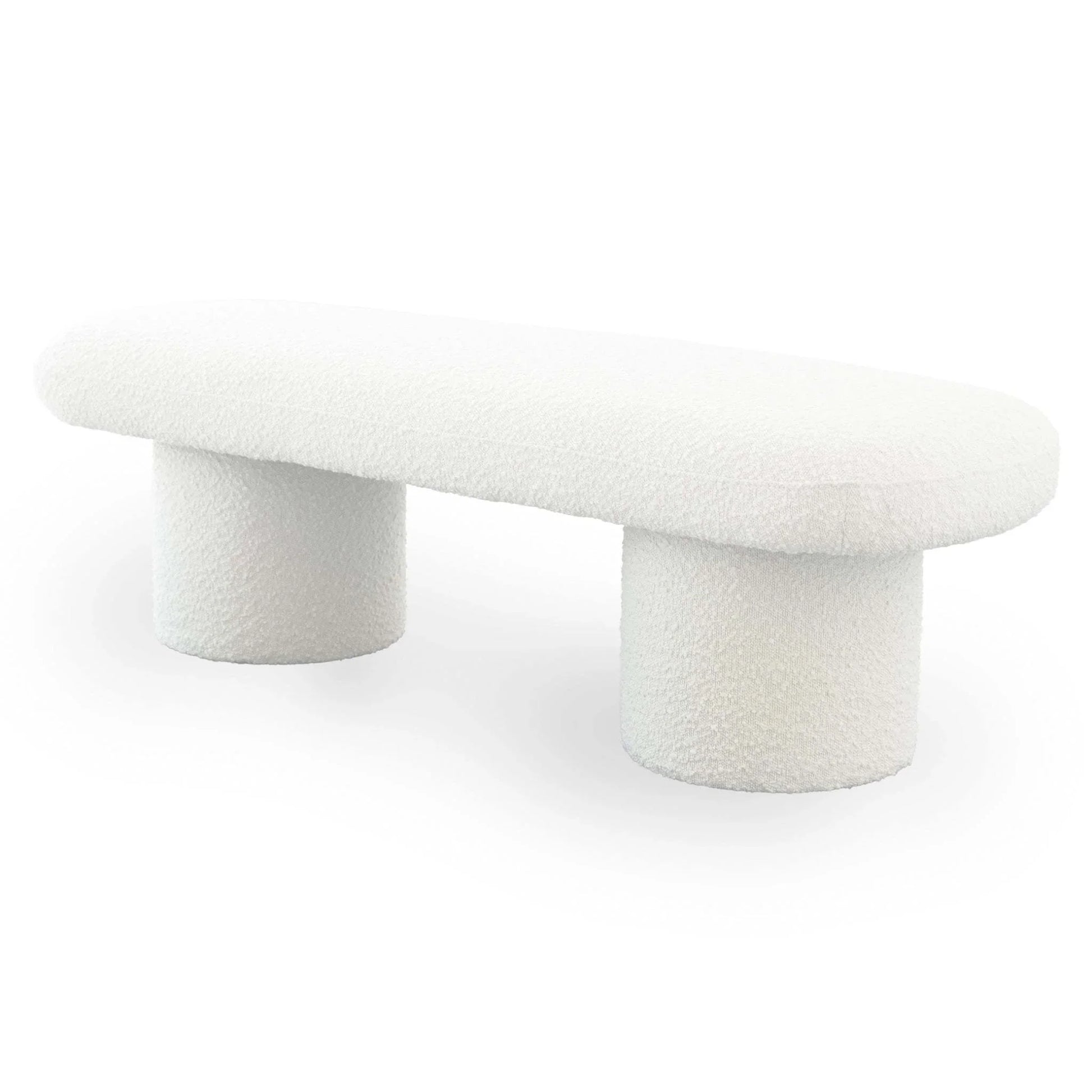 Modern white upholstered bench with rounded edges and two cylindrical legs, FredCo International furniture