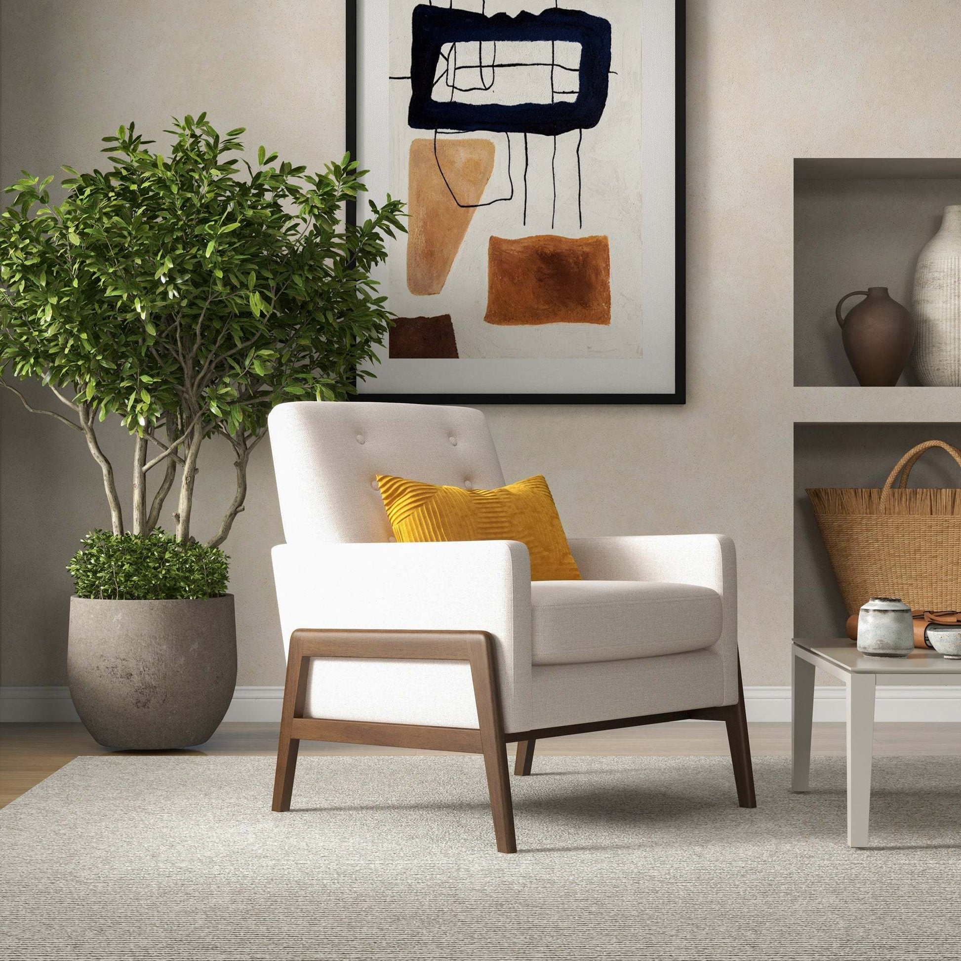 Modern living room with white accent chair, yellow pillow, indoor plant, and abstract wall art