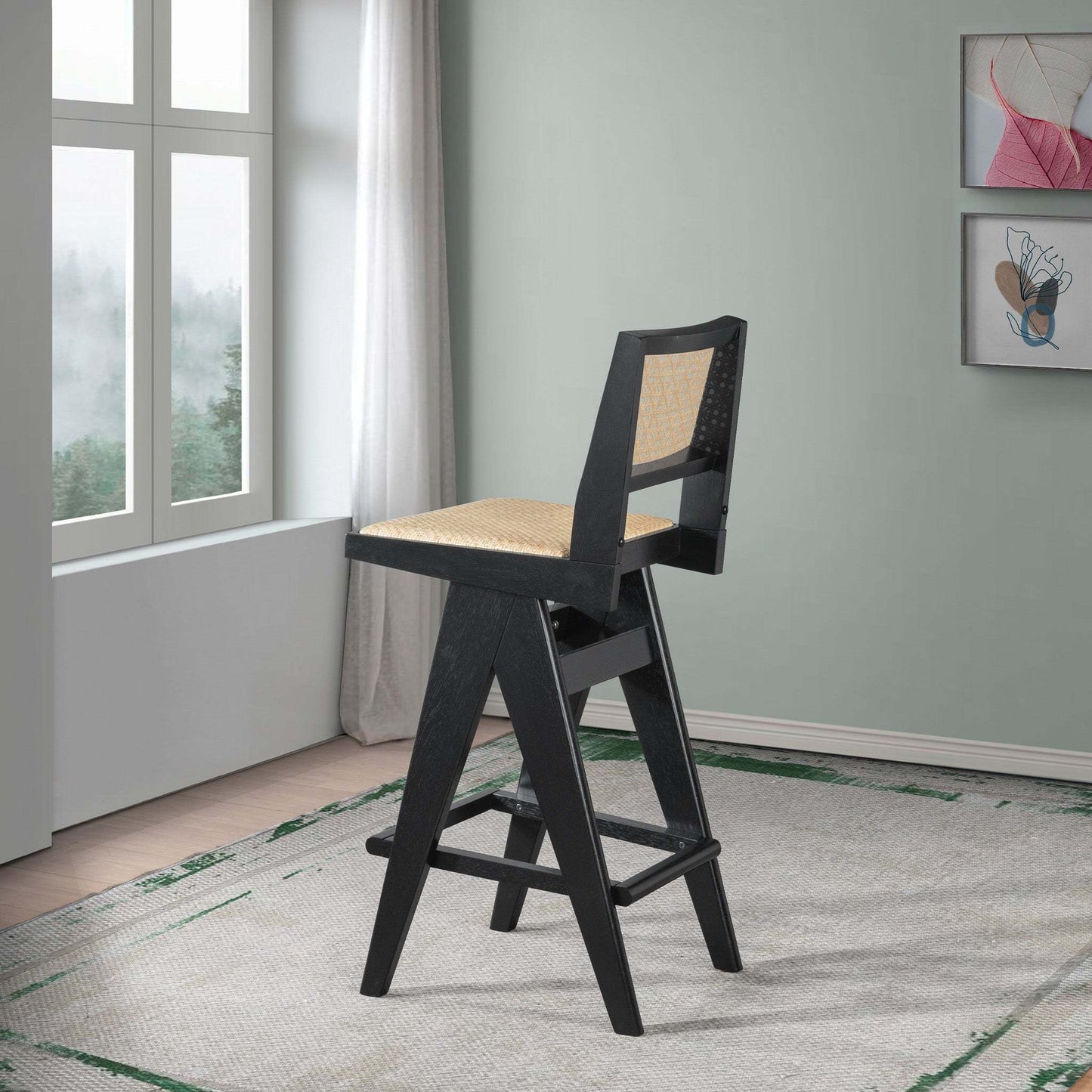 Keira Mid-Century Rattan Bar Stool Set of 2 with Leather Seat in Black 27.4In FredCo