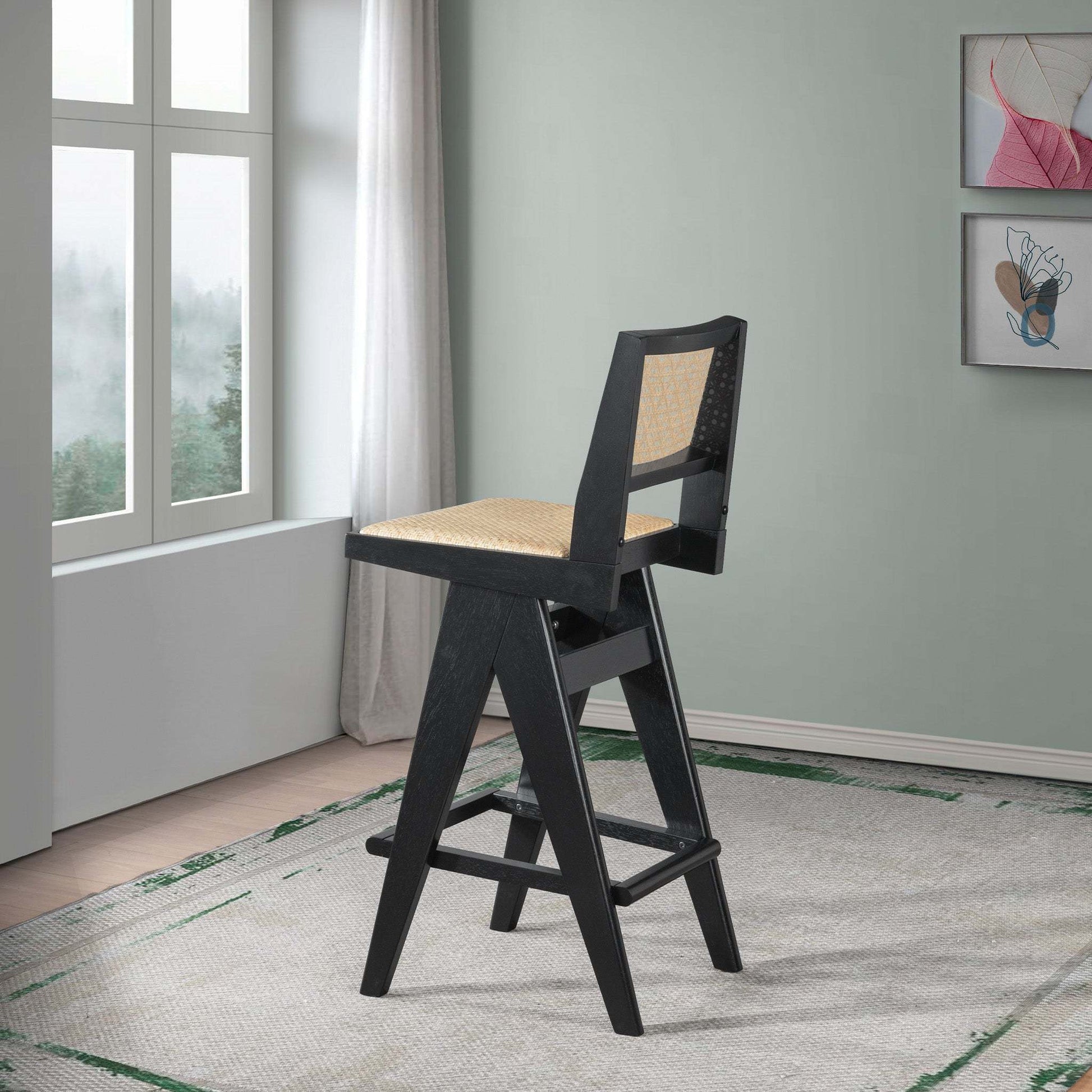Keira Mid-Century Rattan Bar Stool Set of 2 with Leather Seat in Black 27.4In FredCo