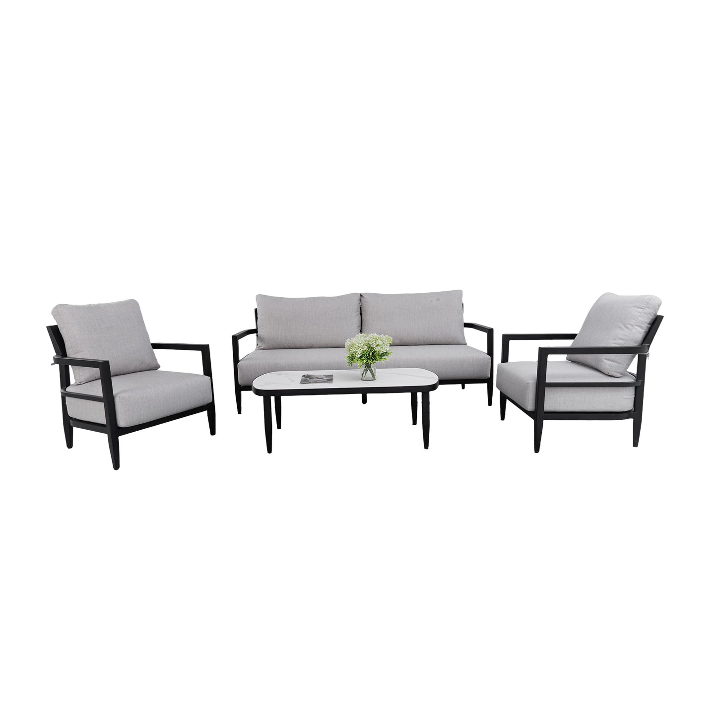 4PC Outdoor Conversation Set with Modern Club Chairs, Luxurious Bench Seat Sofa, Marble-Inspired Sintered Stone Coffee Table, Ember Black Rust-Free Aluminum Frame & Sunbrella Cast Silver Cushions
