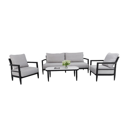 4PC Outdoor Conversation Set with Modern Club Chairs, Luxurious Bench Seat Sofa, Marble-Inspired Sintered Stone Coffee Table, Ember Black Rust-Free Aluminum Frame & Sunbrella Cast Silver Cushions
