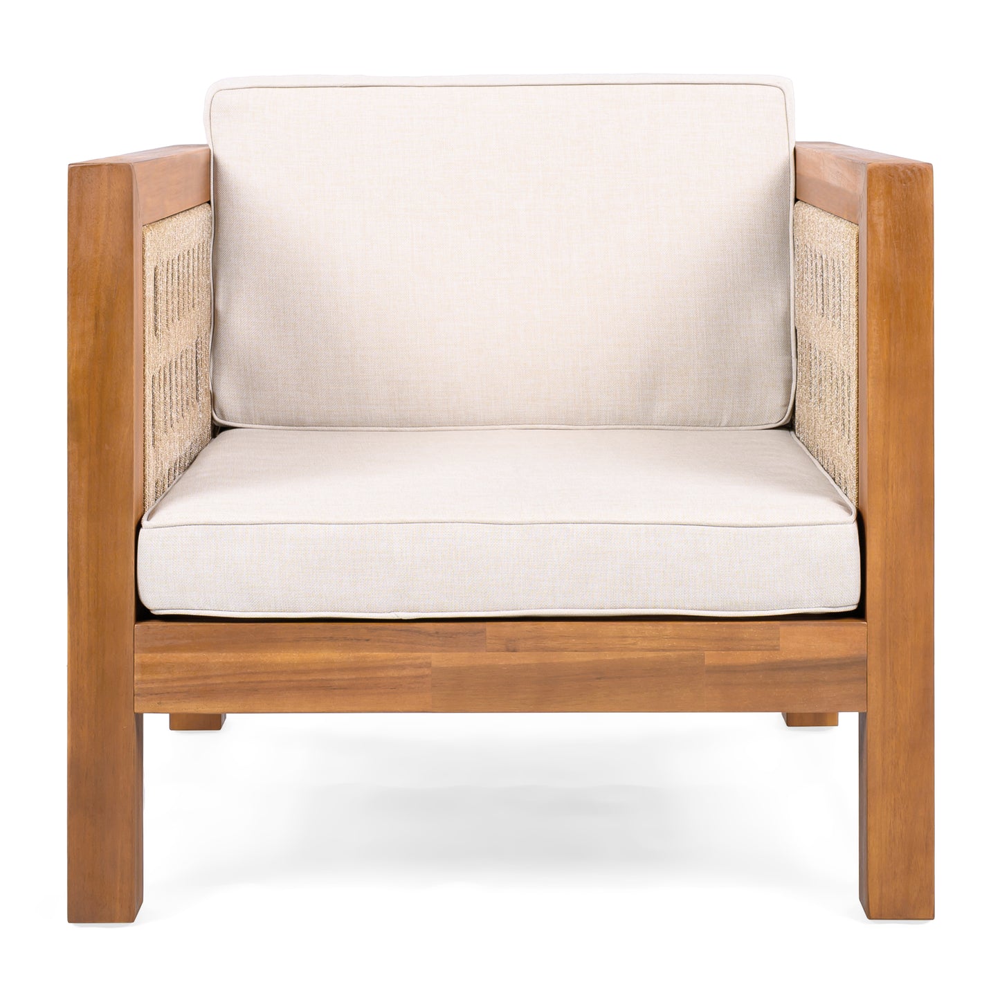Acacia Wood Outdoor Club Chair with Beige Rope Arm and Beige Cushions,400 lbs Capacity