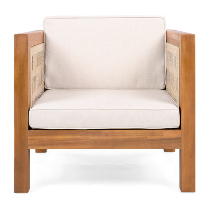 Acacia Wood Outdoor Club Chair with Beige Rope Arm and Beige Cushions,400 lbs Capacity