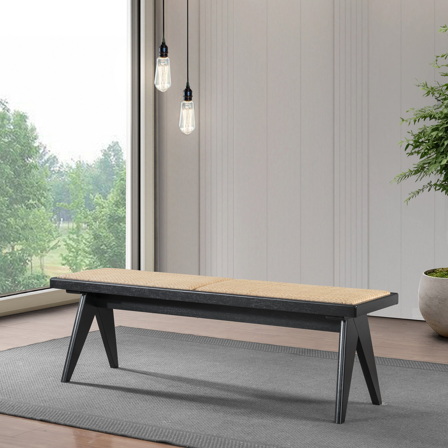 Modern wooden bench with light cushion on gray rug in a bright living room, FredCo International