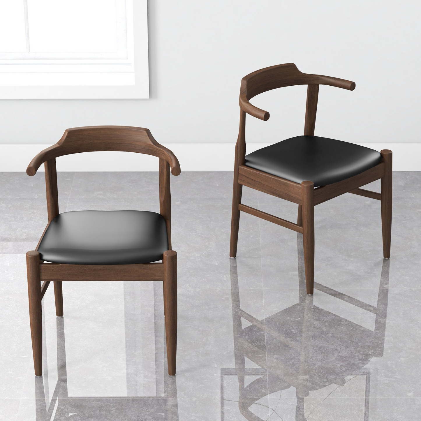 Leon Mid-Century Modern Leather Dining Chair Set of 2 with Solid Wood Frame in Black FredCo