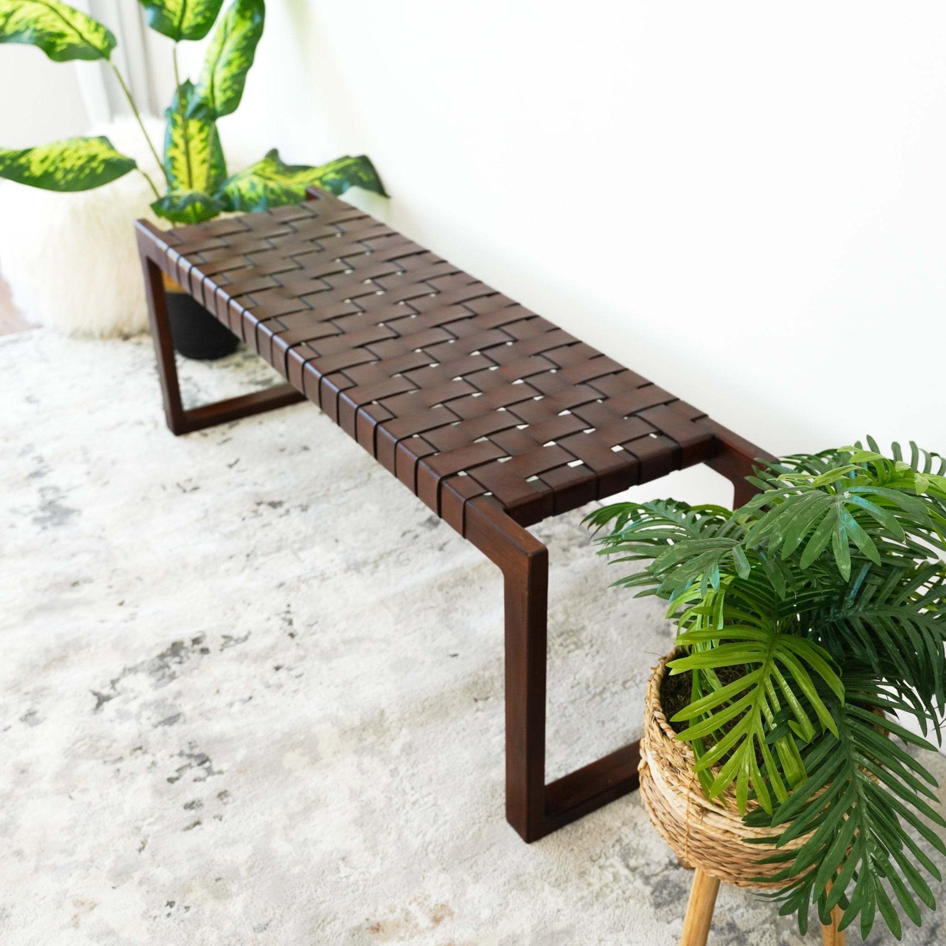 Christina Mid-Century Modern Tan Leather Bench with Solid Wood Frame and Tapered Legs 18.5'H x 55'W x 15.7'D for Living Room Bedroom Waiting Room FredCo