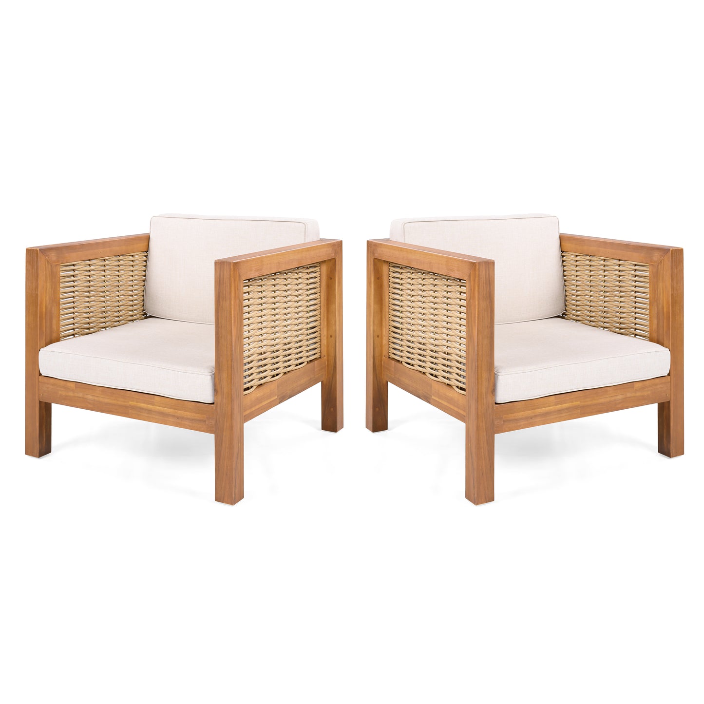 Outdoor Club Chair Set of 2, Acacia Wood Frame with Wicker Armrest and Beige Cushions,400 lbs Capacity FredCo