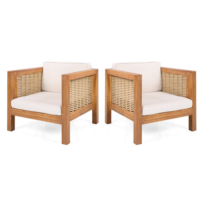 Outdoor Club Chair Set of 2, Acacia Wood Frame with Wicker Armrest and Beige Cushions,400 lbs Capacity FredCo