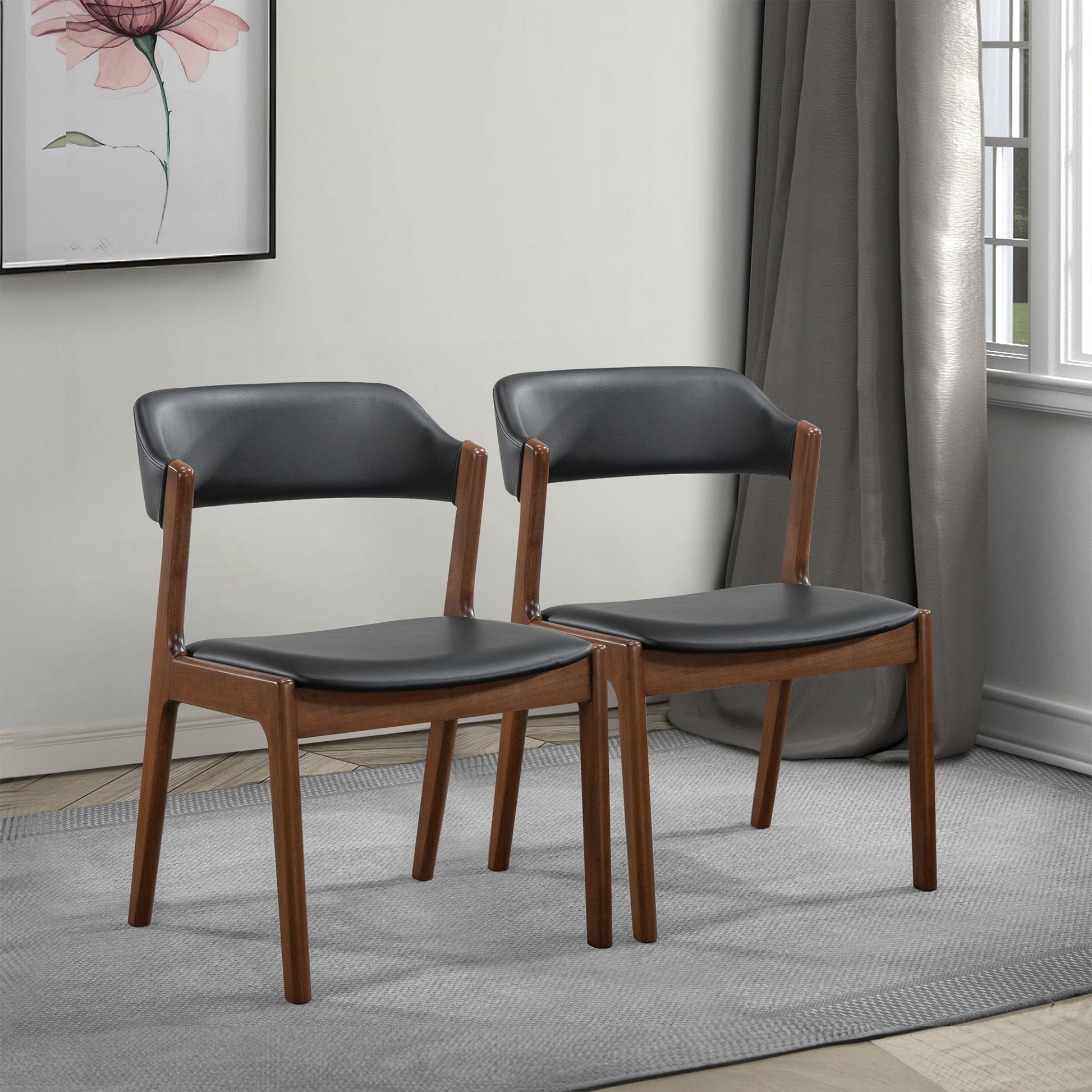 High Quality Enzo Mid-Century Modern Black Leather Dining Chair (Set of 2) with Solid Wood Base 21.1'W x 24.5'D x 30.1'H for Living Room Bedroom Outdoor FredCo