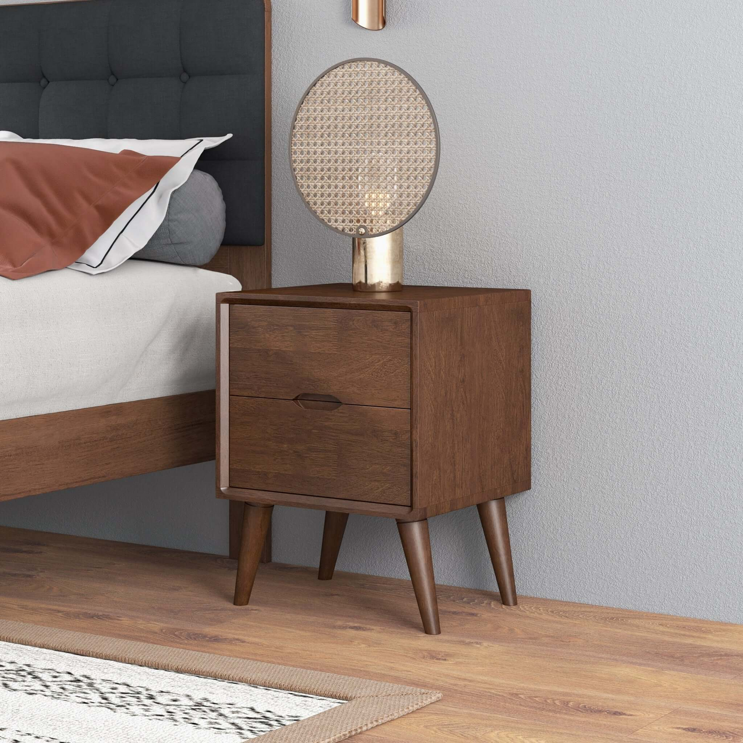 Alexandra Mid-Century Modern Night Stand with 2 Drawers in Walnut Brown Solid Wood 24.8'H x 17.7'W x 15.7'D FredCo