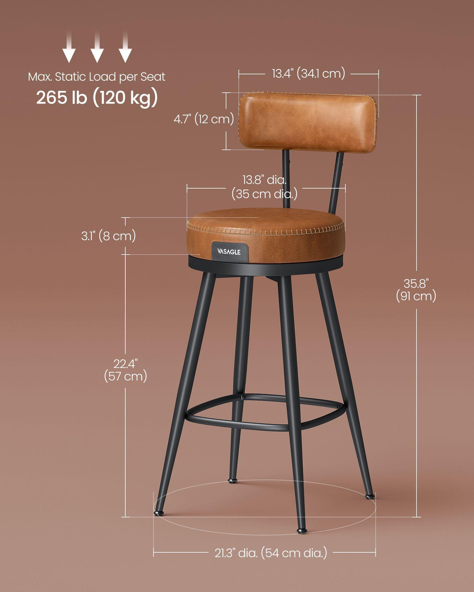 EKHO Collection - 35.4" Tall Swivel Bar Stools with Backs, Caramel Brown FredCo