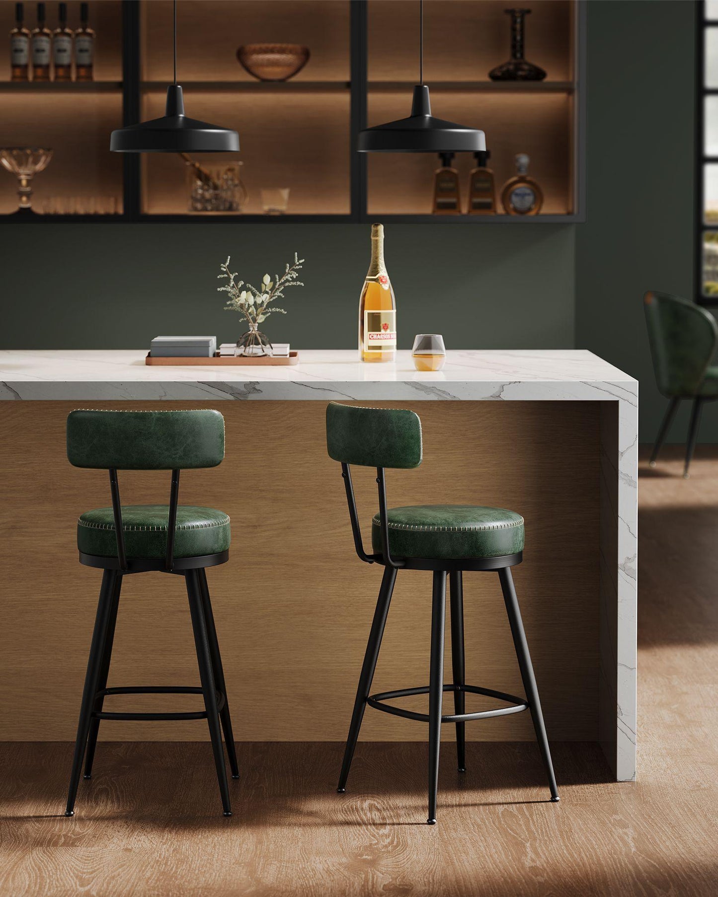 EKHO Collection - 35.4" Tall Swivel Bar Stools with Backs, Forest Green FredCo