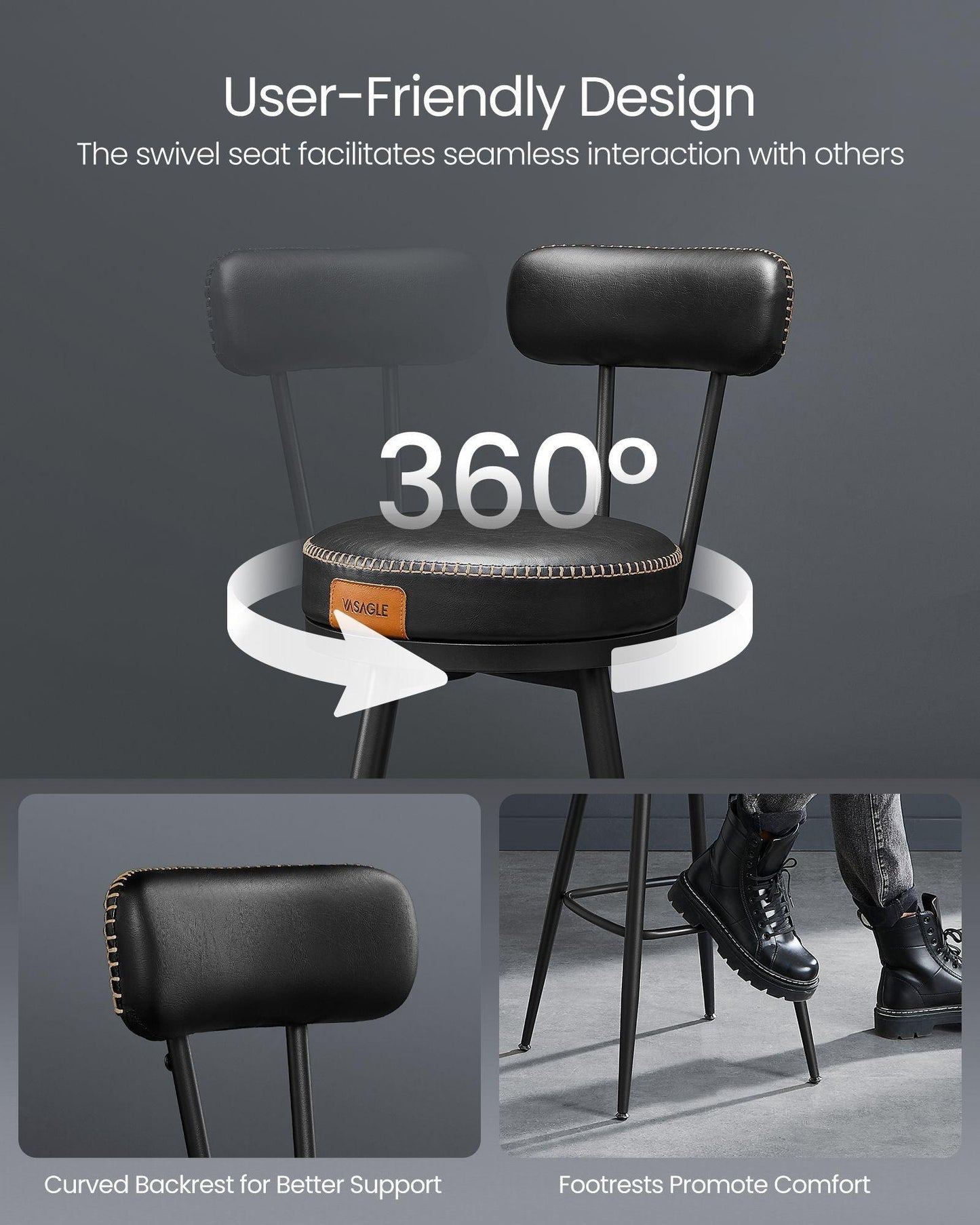 EKHO Collection - 35.4" Tall Swivel Bar Stools with Backs, Ink Black FredCo