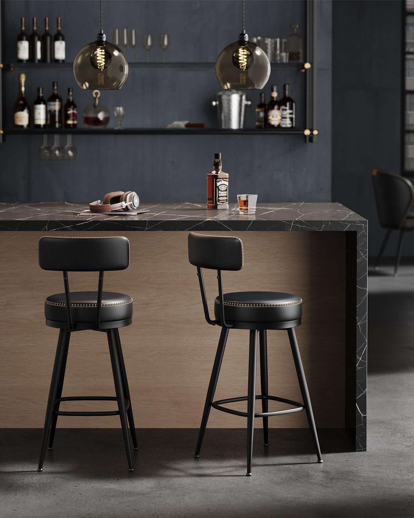 EKHO Collection - 35.4" Tall Swivel Bar Stools with Backs, Ink Black FredCo