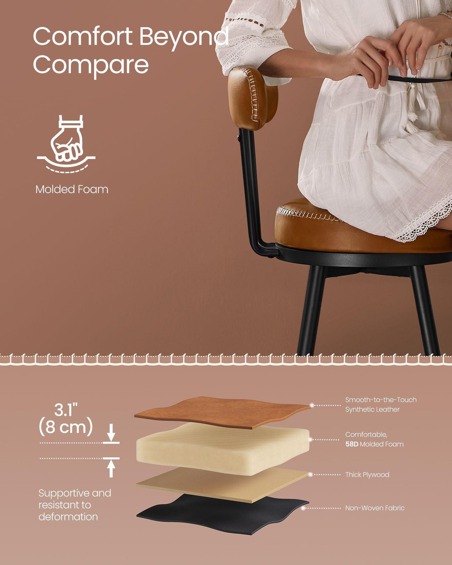 EKHO Collection - 40.5" Tall Swivel Bar Stools with Backs, Caramel Brown FredCo