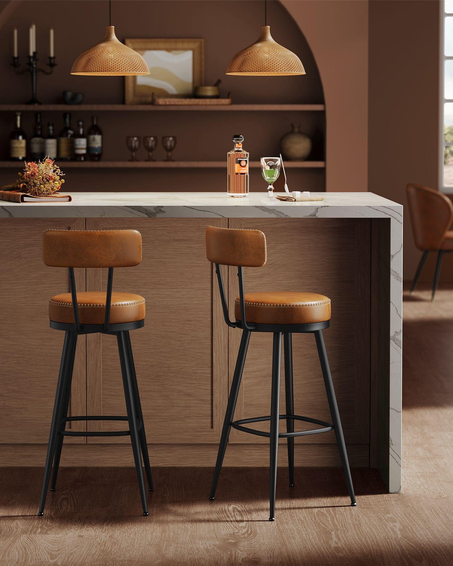 EKHO Collection - 40.5" Tall Swivel Bar Stools with Backs, Caramel Brown FredCo