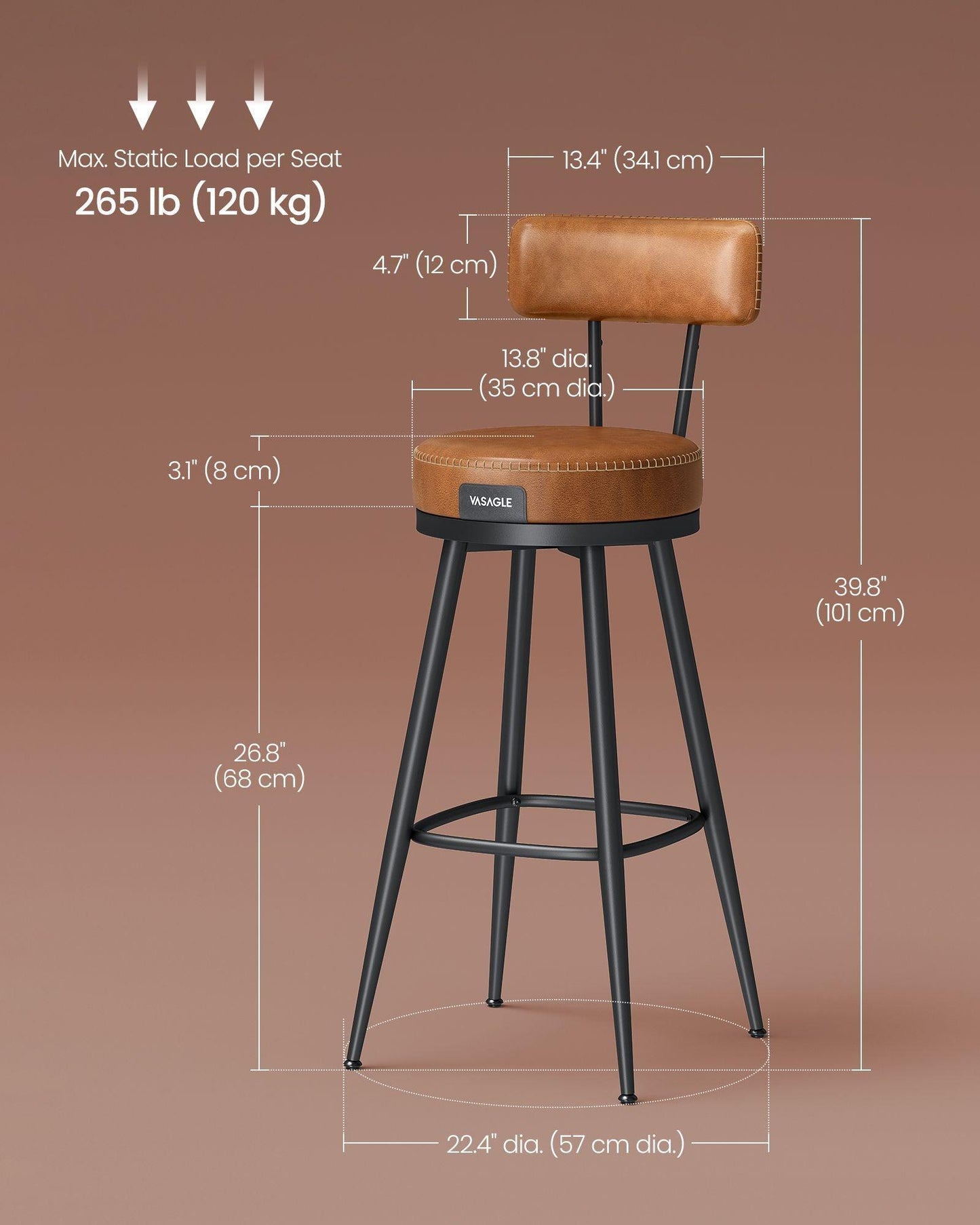 EKHO Collection - 40.5" Tall Swivel Bar Stools with Backs, Caramel Brown FredCo