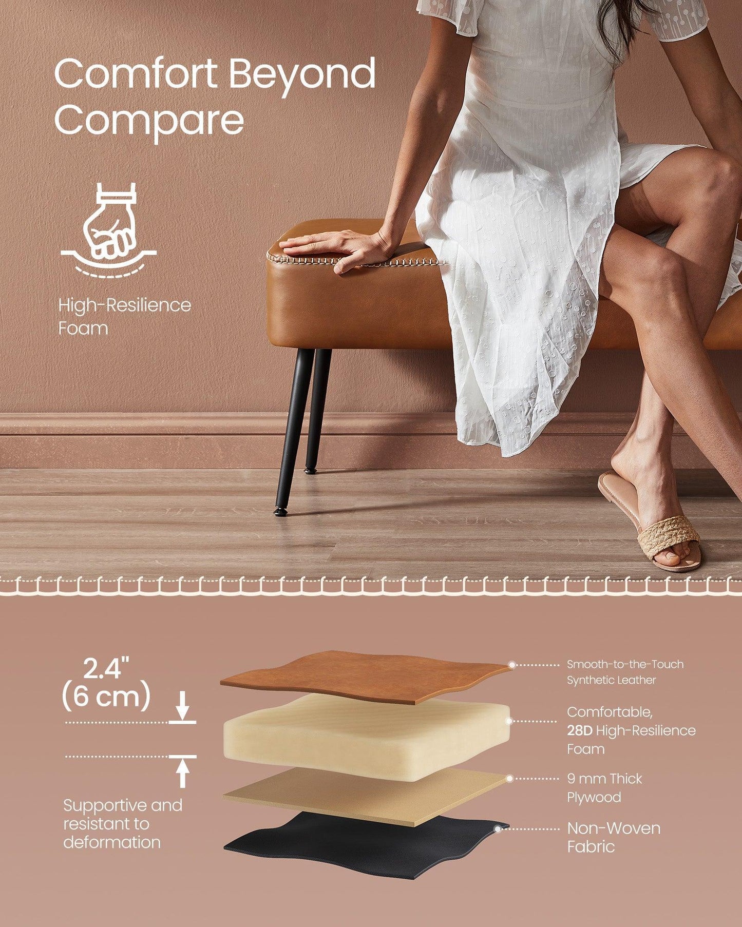EKHO Collection - Ottoman Bench with Steel Legs Caramel Brown FredCo