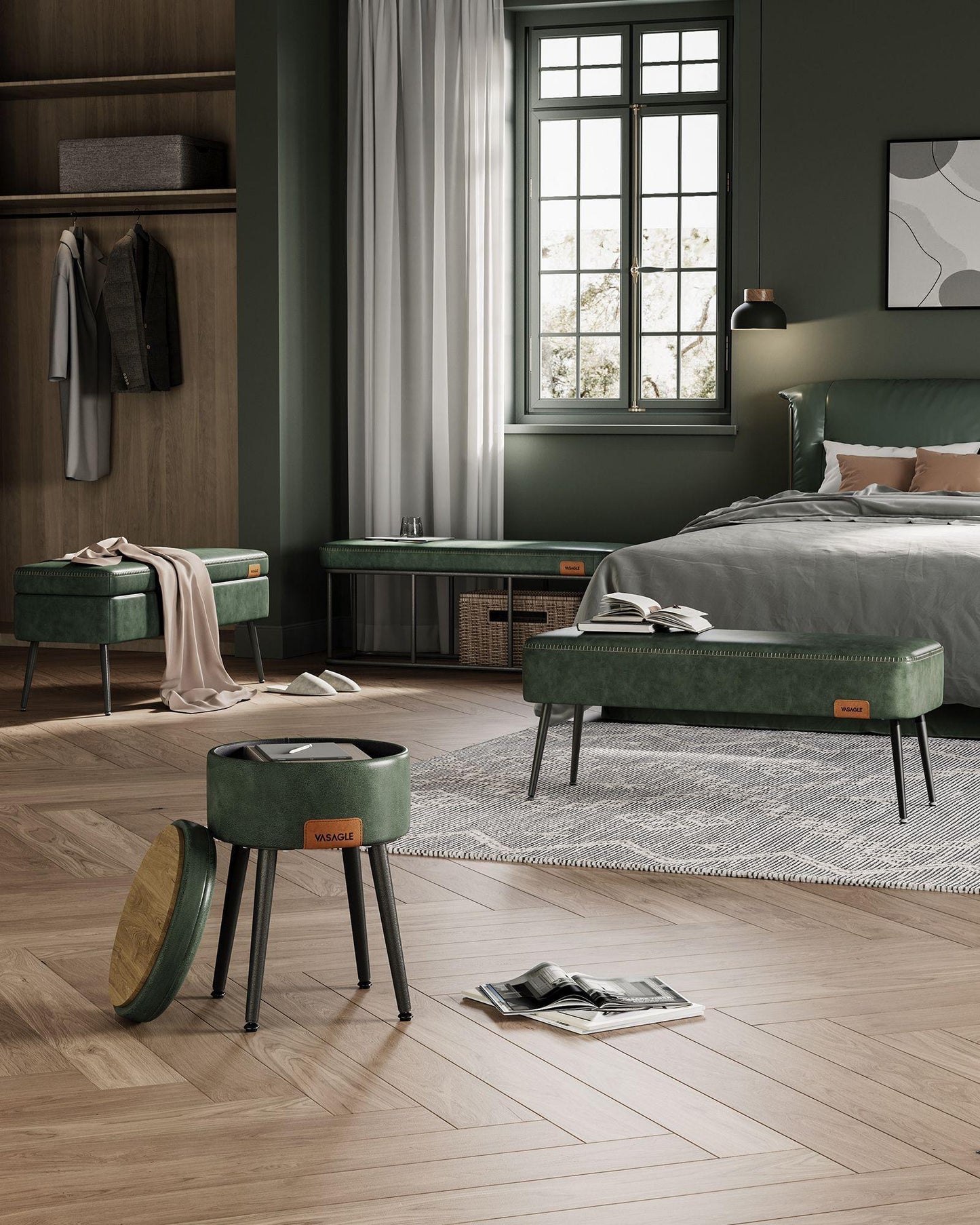 EKHO Collection - Ottoman Bench with Steel Legs Forest Green FredCo