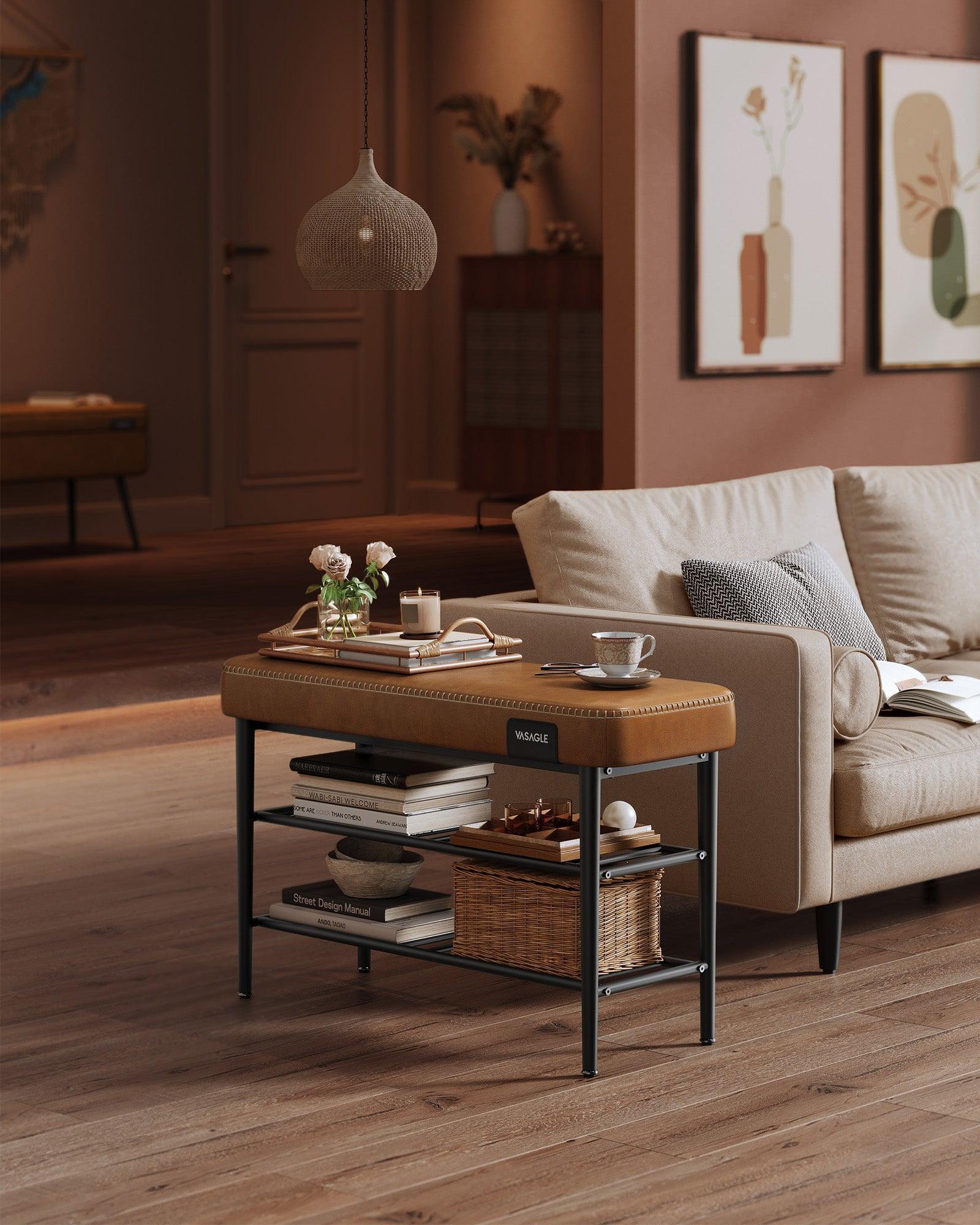 EKHO Collection - Shoe Bench with Metal Shelves, Caramel Brown FredCo