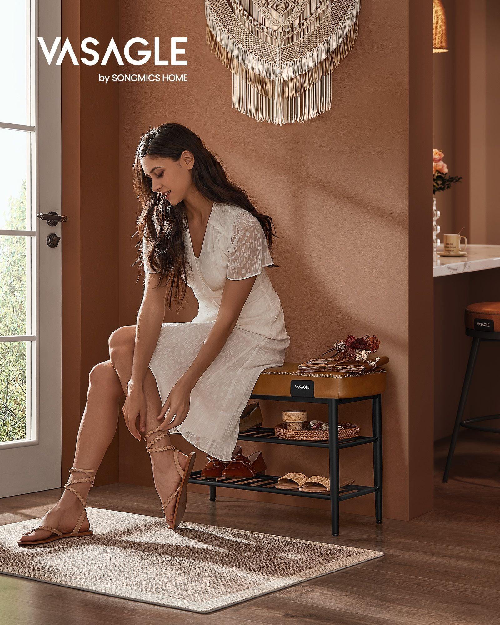 EKHO Collection - Shoe Bench with Metal Shelves, Caramel Brown FredCo