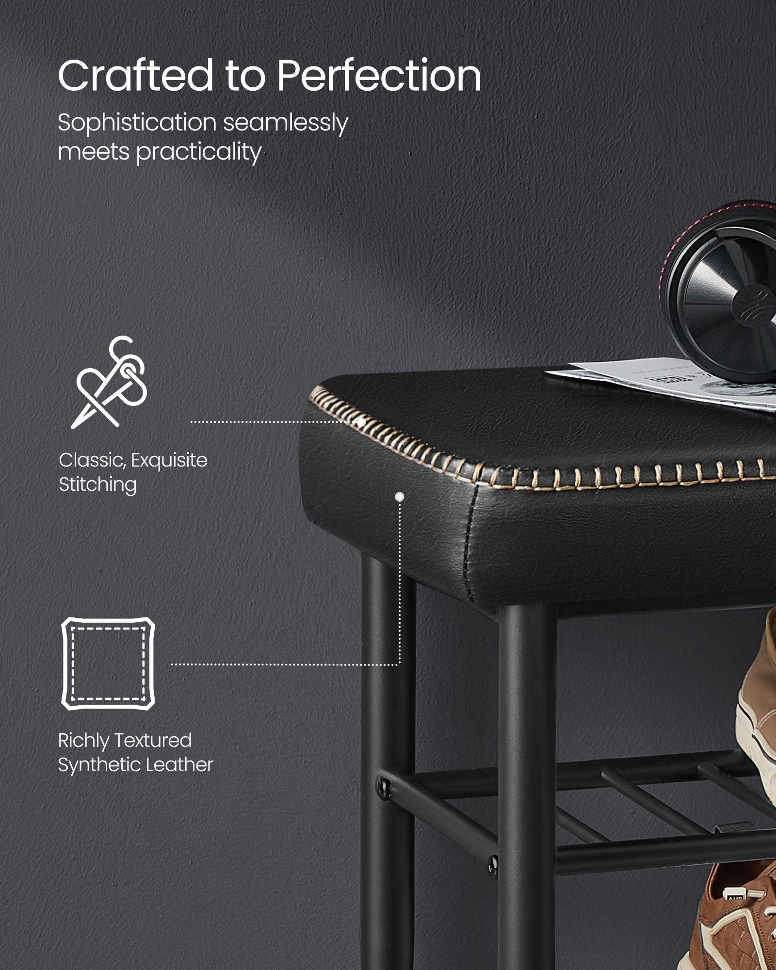 EKHO Collection - Shoe Bench with Metal Shelves, Ink Black FredCo