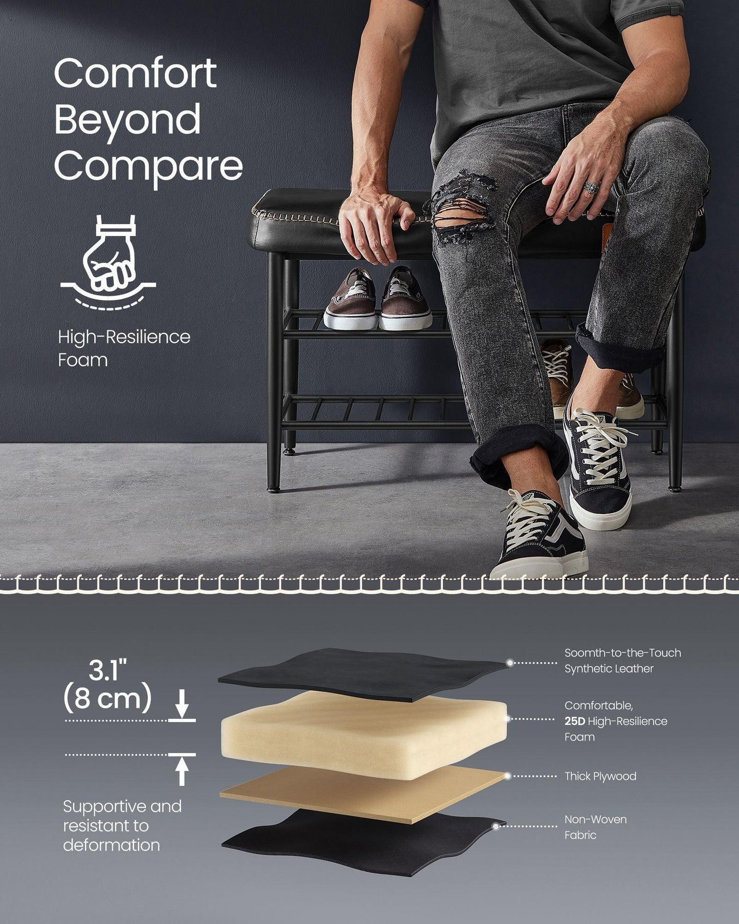 EKHO Collection - Shoe Bench with Metal Shelves, Ink Black FredCo