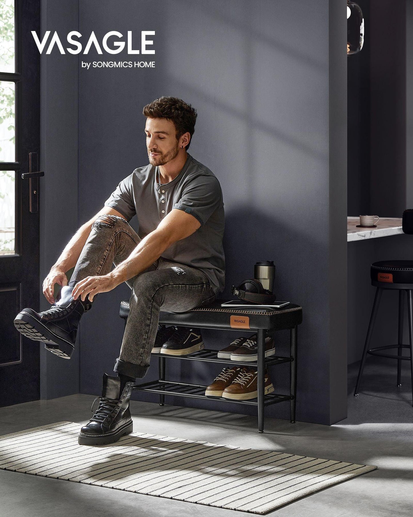 EKHO Collection - Shoe Bench with Metal Shelves, Ink Black FredCo