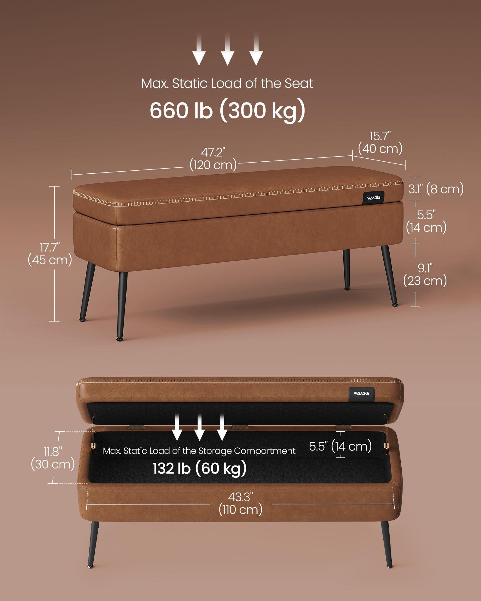 EKHO Collection - Storage Ottoman Bench with Steel Legs, Caramel Brown FredCo