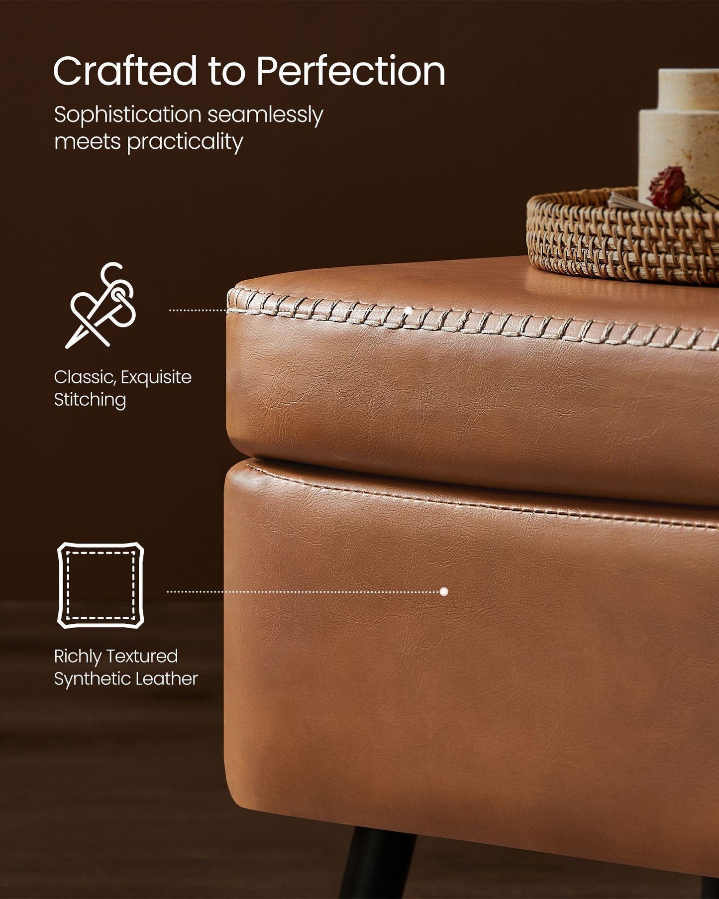 EKHO Collection - Storage Ottoman Bench with Steel Legs, Caramel Brown FredCo