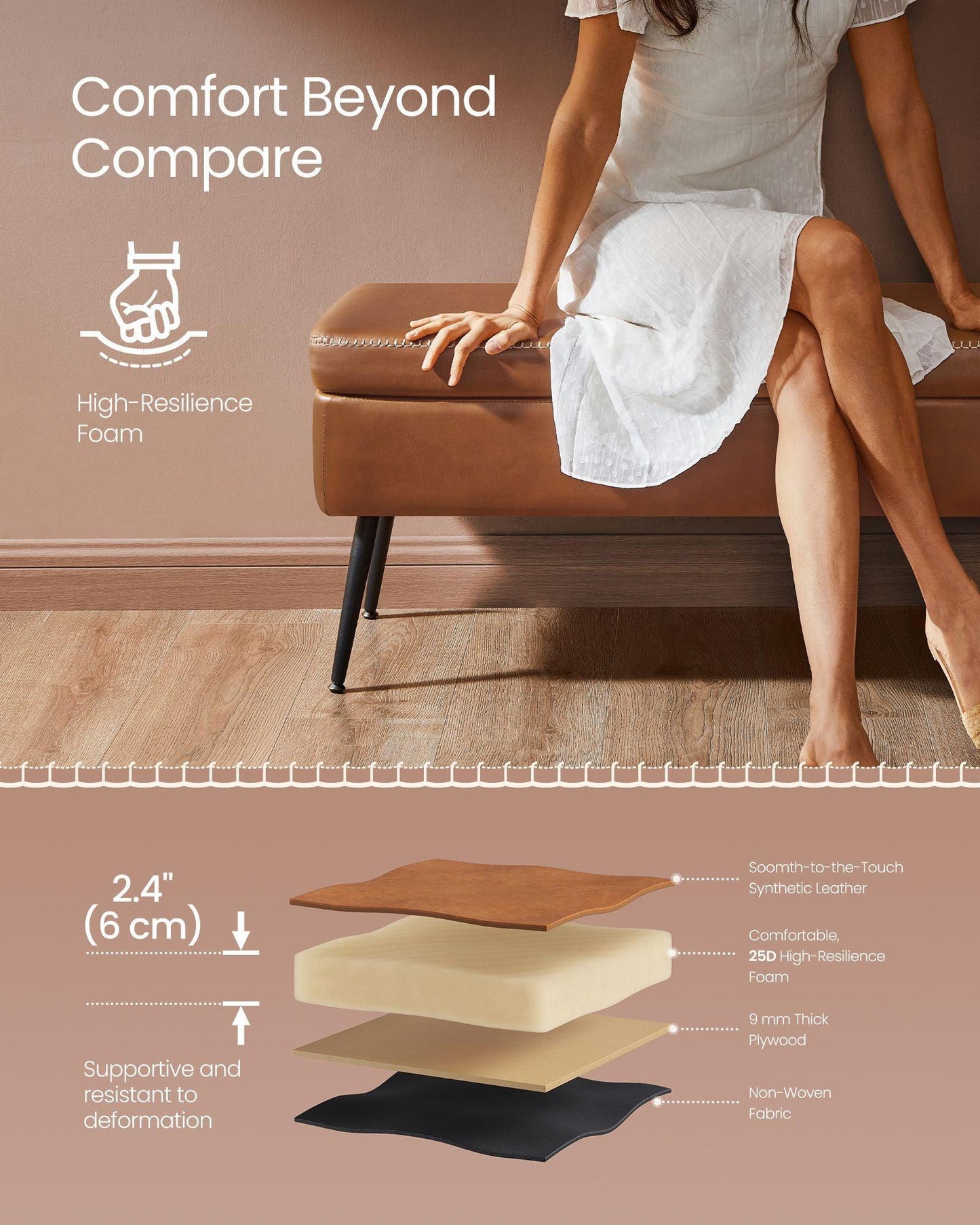 EKHO Collection - Storage Ottoman Bench with Steel Legs, Caramel Brown FredCo