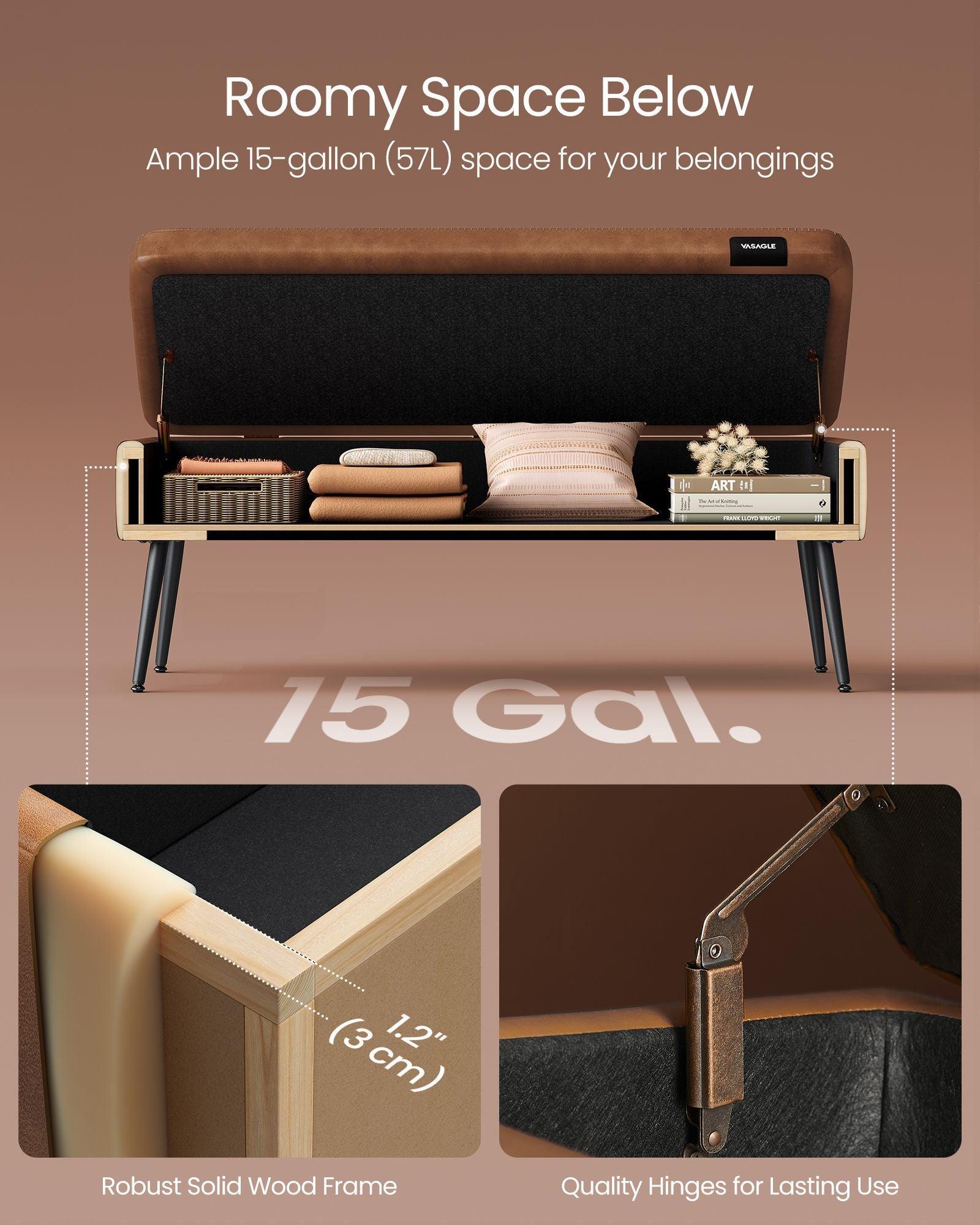 EKHO Collection - Storage Ottoman Bench with Steel Legs, Caramel Brown FredCo