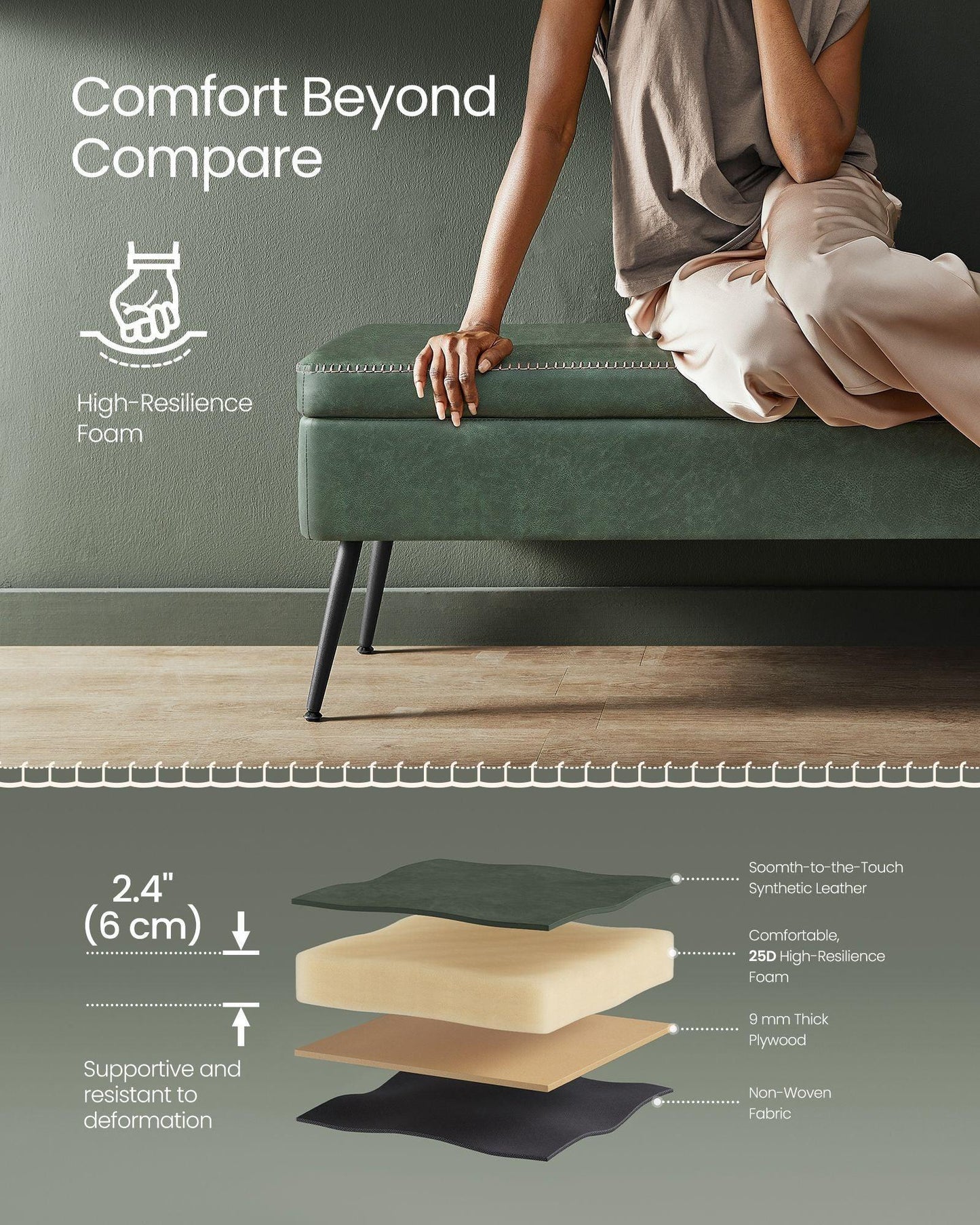 EKHO Collection - Storage Ottoman Bench with Steel Legs, Forest Green FredCo